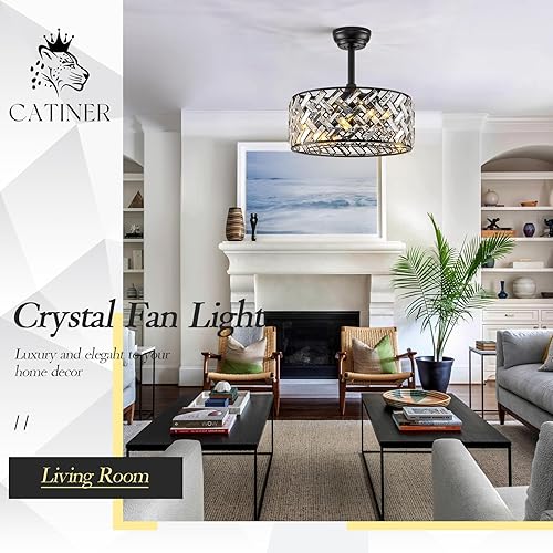 Miniatura 8 de Ventilador de techo con jaula moderno con luz, candelabro de cristal con control remoto, ventilador de techo negro de 18" de montaje empotrado,