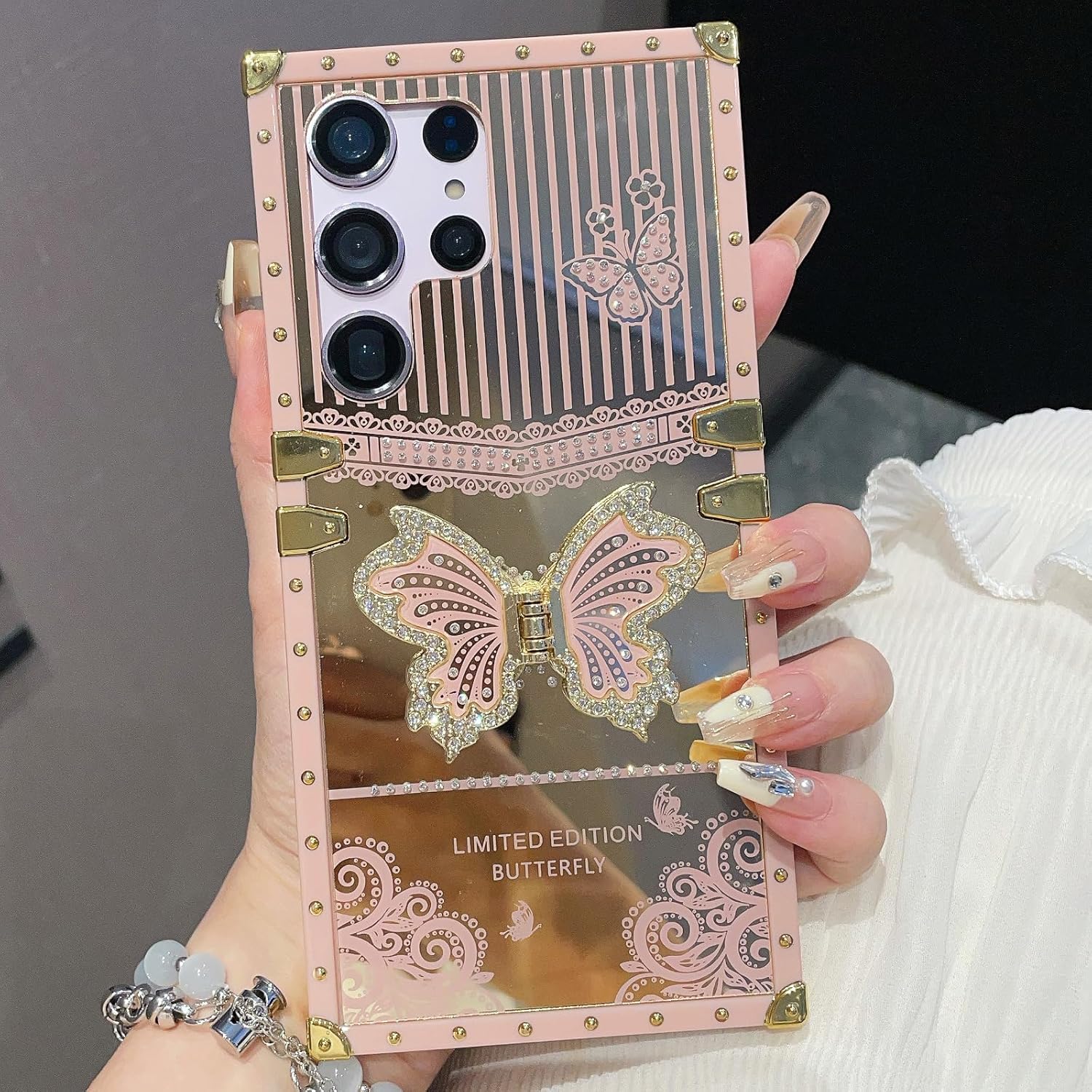 for Samsung Galaxy S25 Ultra Glitter Kickstand Case,Cute Luxury Bling Sparkly Diamond Butterfly Foldable Stand Elegant Mirror Shockproof Women Girls Protective Case for Galaxy S25 Ultra, Pink - Image 4