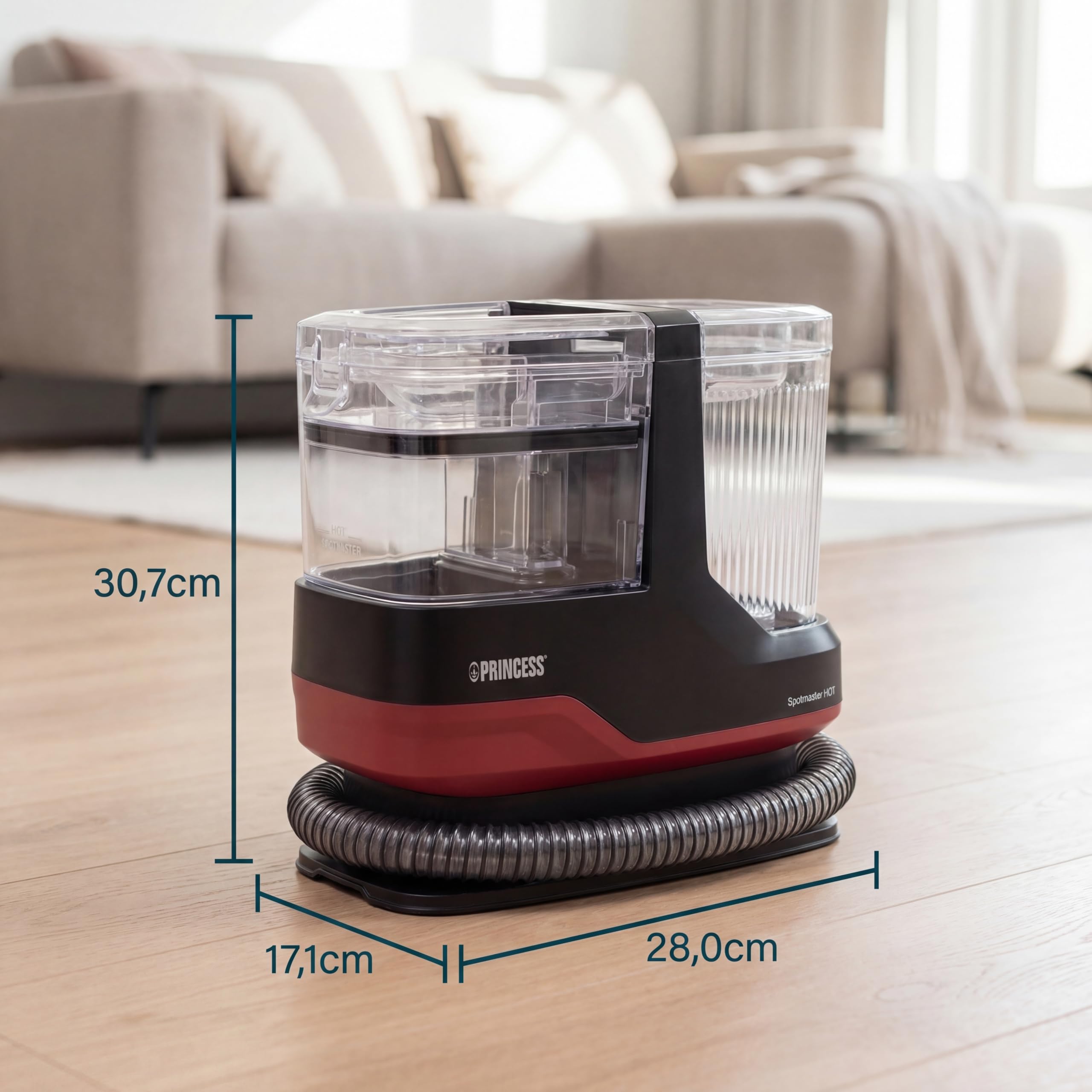 Princess Fleckenreiniger mit Dampffunktion, 1800 W, 4 Reinigungsmodi, 13 Zubehörteile, Flexible Schlauchführung, Wasserabsaugung für Fleckenentfernung, 01.332023.01.001