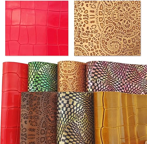 Miniatura 2 de 7 hojas de piel sintética en relieve de colores aleatorios para hacer aretes, monederos, tamaño A4, estilos mixtos, patrón texturizado, tela