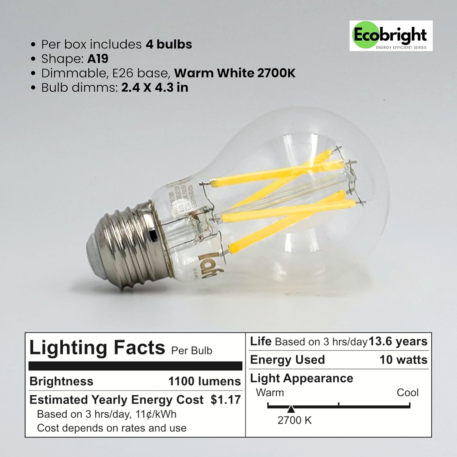 EcoBright 4 Pack Dimmable A19 LED Filament Bulb 10W 100W Equivalent 1100 Lumens Warm White 2700K E26 Base CRI90 Clear Glass Flicker Free Energy Star Title 20 Certified Indoor Lighting thumbnail
