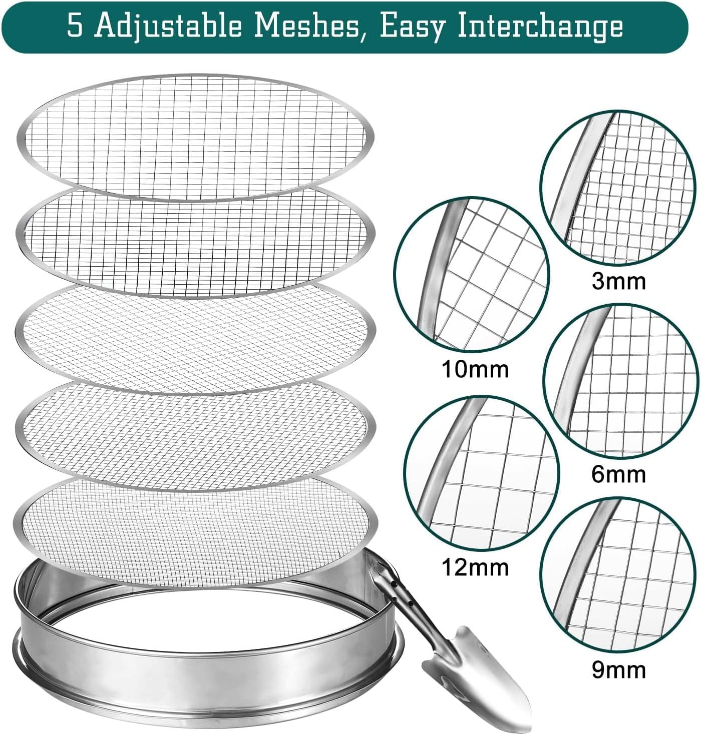 Tamis de Jardin Rond 30cm en Acier Inoxydable avec 5 Mailles Interchangeables Tailles de 3/6/9/10/12mm Outil Jardinage pour Tamiser Le Sol, Les Semences, Les Pierres et Le Compost, Pelle Inclus