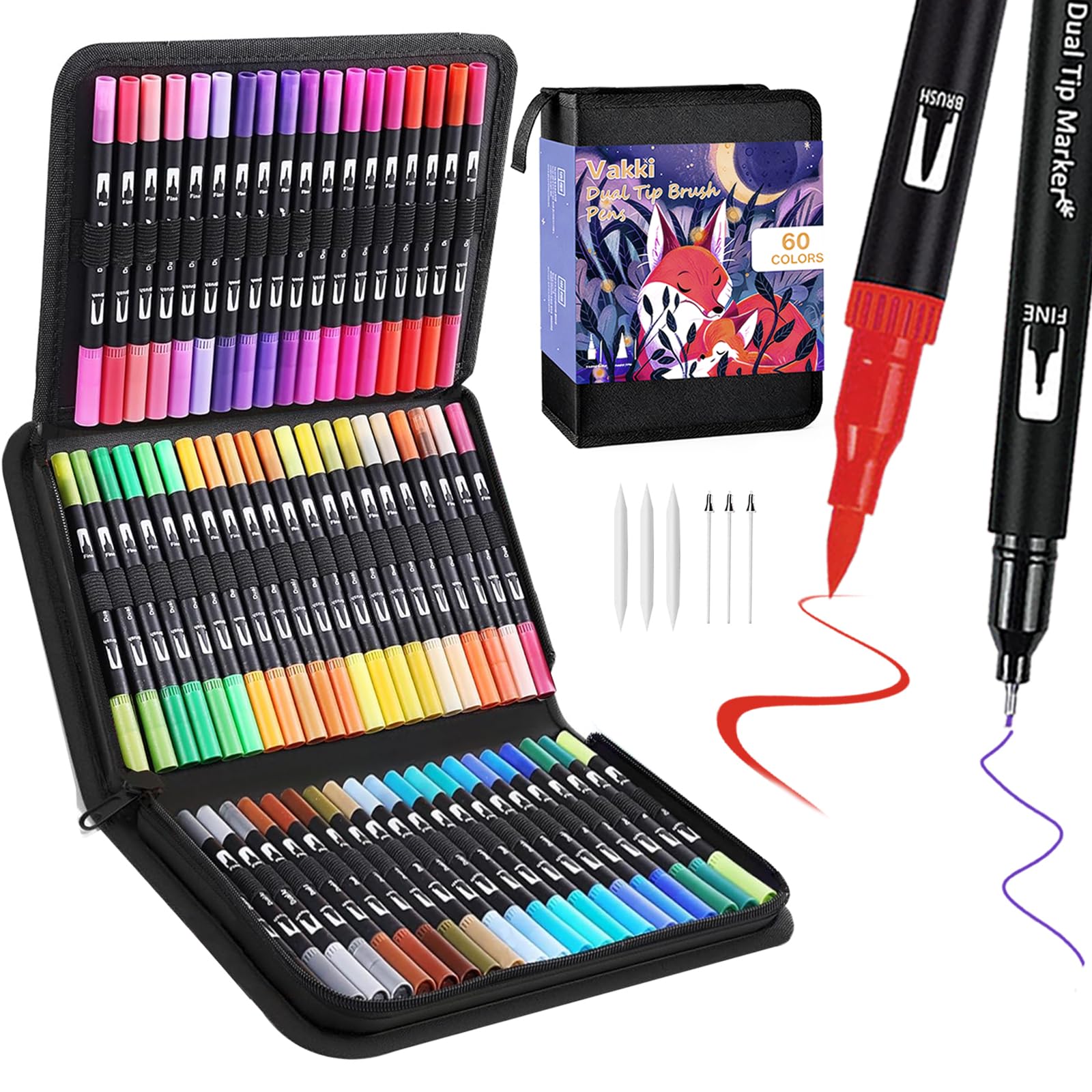 VAKKI 60 Lettering Markers, Brush Pens, Double Tip Markers, Brush Tip, Fine Tip for Drawing, Sketch, Design, Signature, Comic