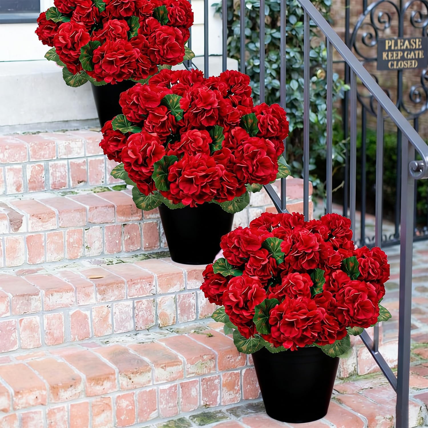 6 Bundles Artificial Geranium Flowers for Outdoors, Realistic Silk Geraniums Fake Flowers UV Resistant Faux Plants for Porch Front Door Planter Patio Balcony Outside Decor (Red)