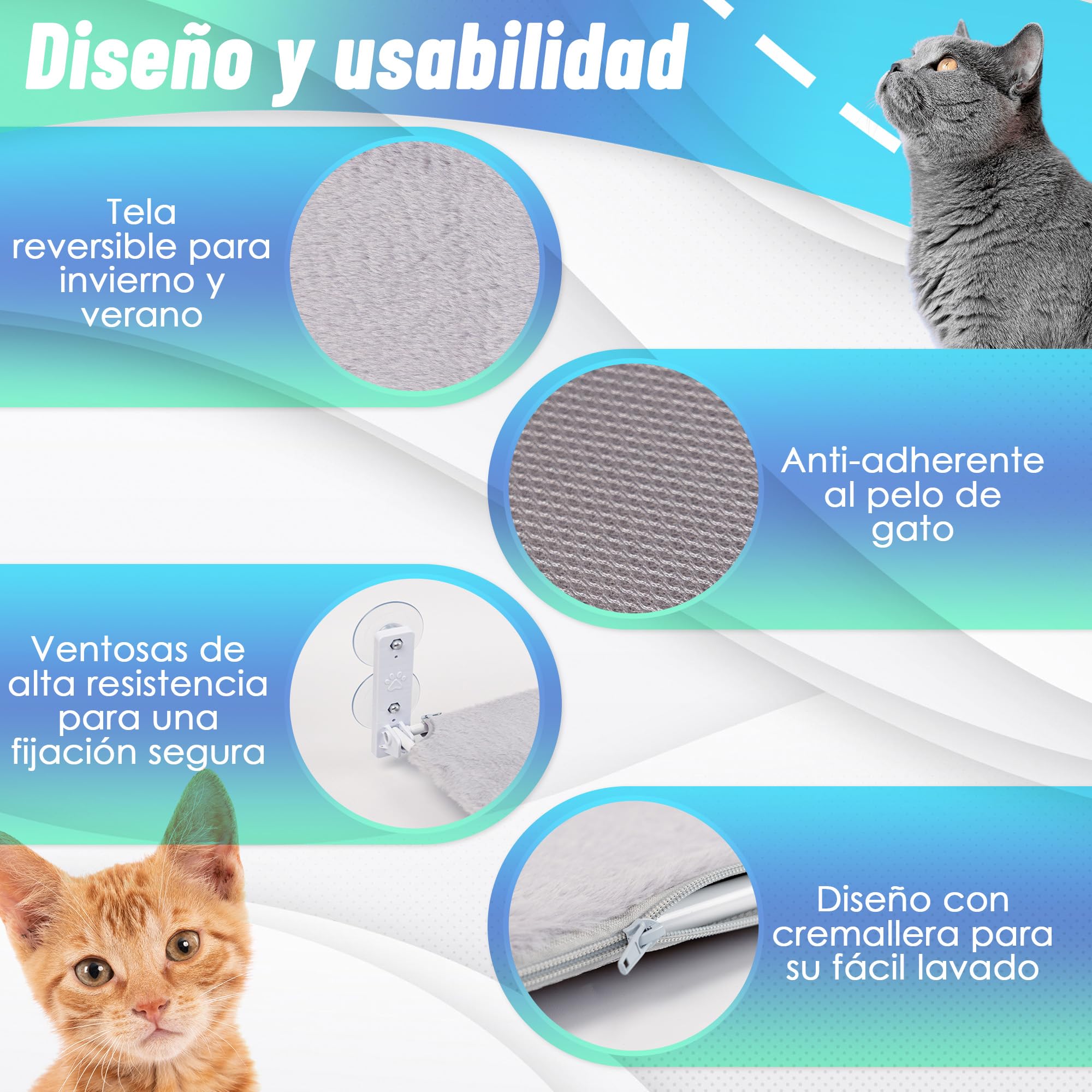 Hamaca Ventana Gato con Manta de Regalo, 30x60 cm, Ventosas Fuertes, 18 kg