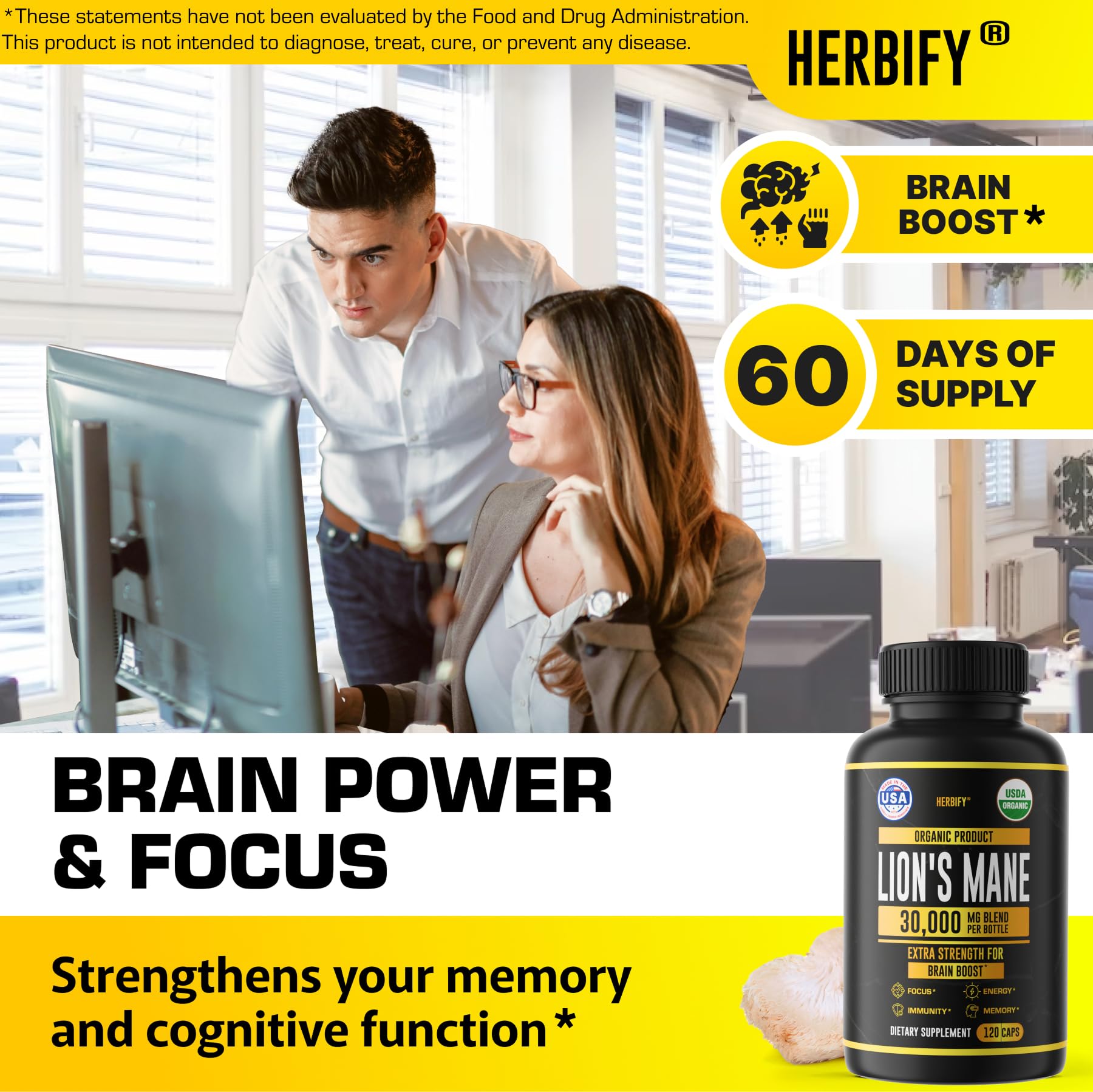 HERBIFY Lions Mane Supplement - Daily Mushroom Supplement for Memory, Focus & Clarity - Brain Booster - Lions Mane Capsules for Natural Immune Support - Vegan, Organic - 120 Capsules — Amazon image 2