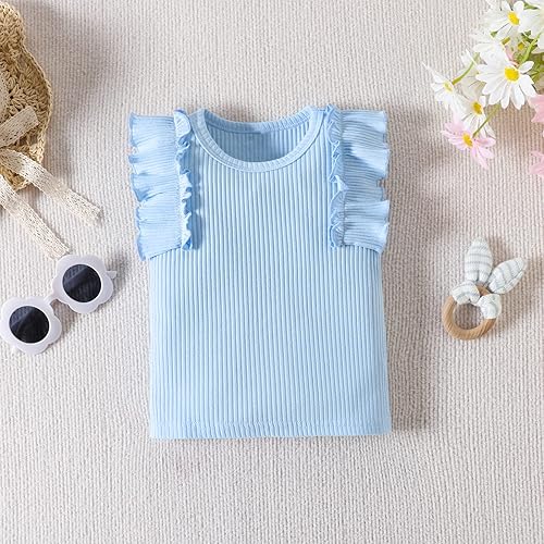 Miniatura 3 de AIKEIDY Ropa de verano para niña pequeña, con volantes, sin mangas, camiseta sin mangas, floral, pantalones acampanados, 2 piezas