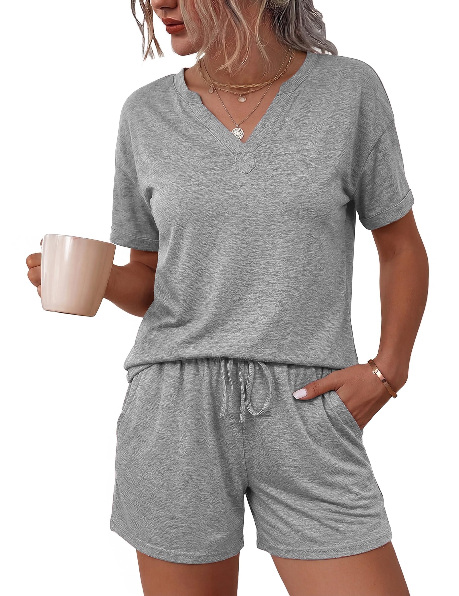 Bresdk Schlafanzug Damen Kurz Pyjama Set Baumwolle Kariert Shorty Sommer Nachtwäsche