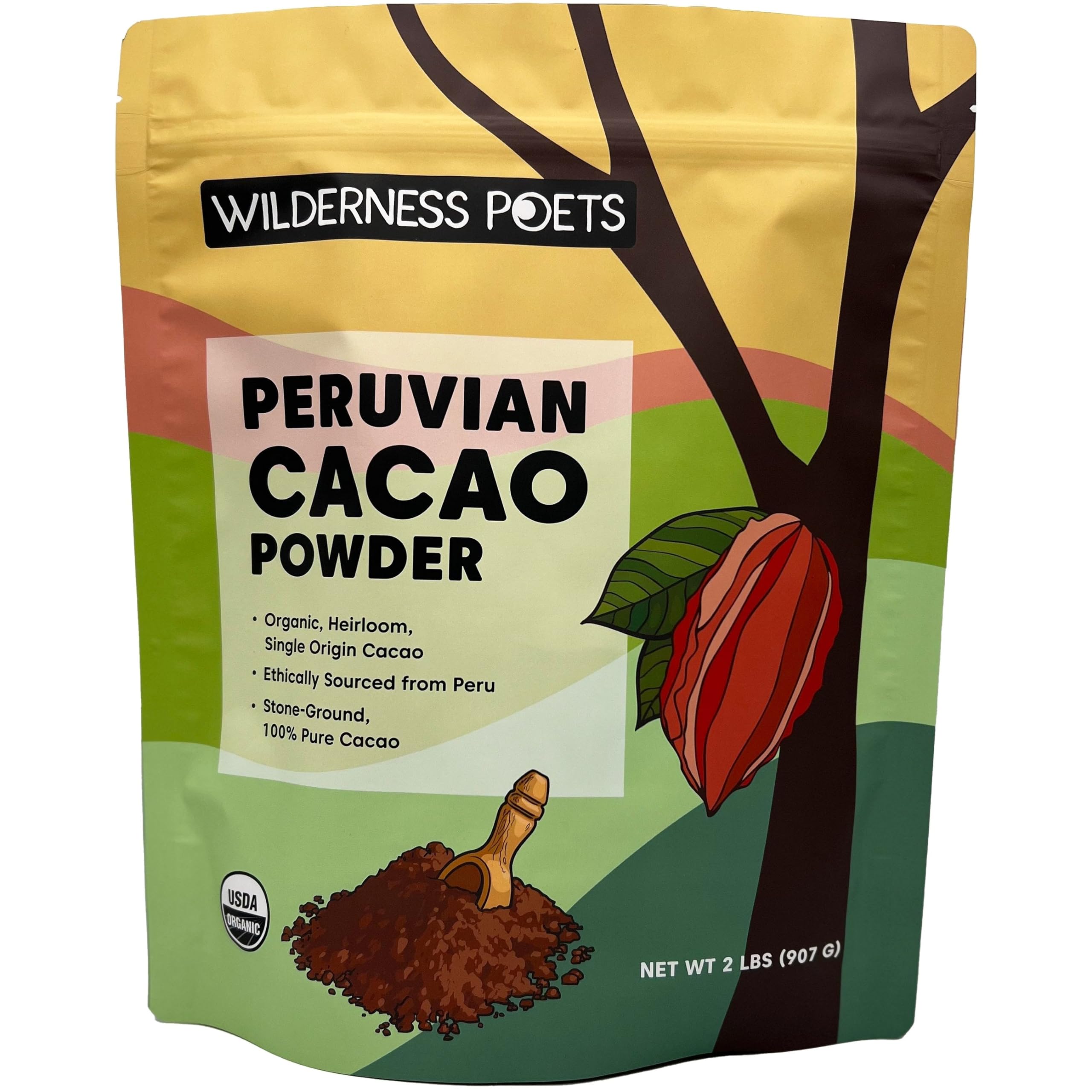 Wilderness Poets, Organic Cacao Powder. Unsweetened, 100% Peruvian Heirloom Cacao (Criollo Variety) -32 Ounce - 2 Pound
