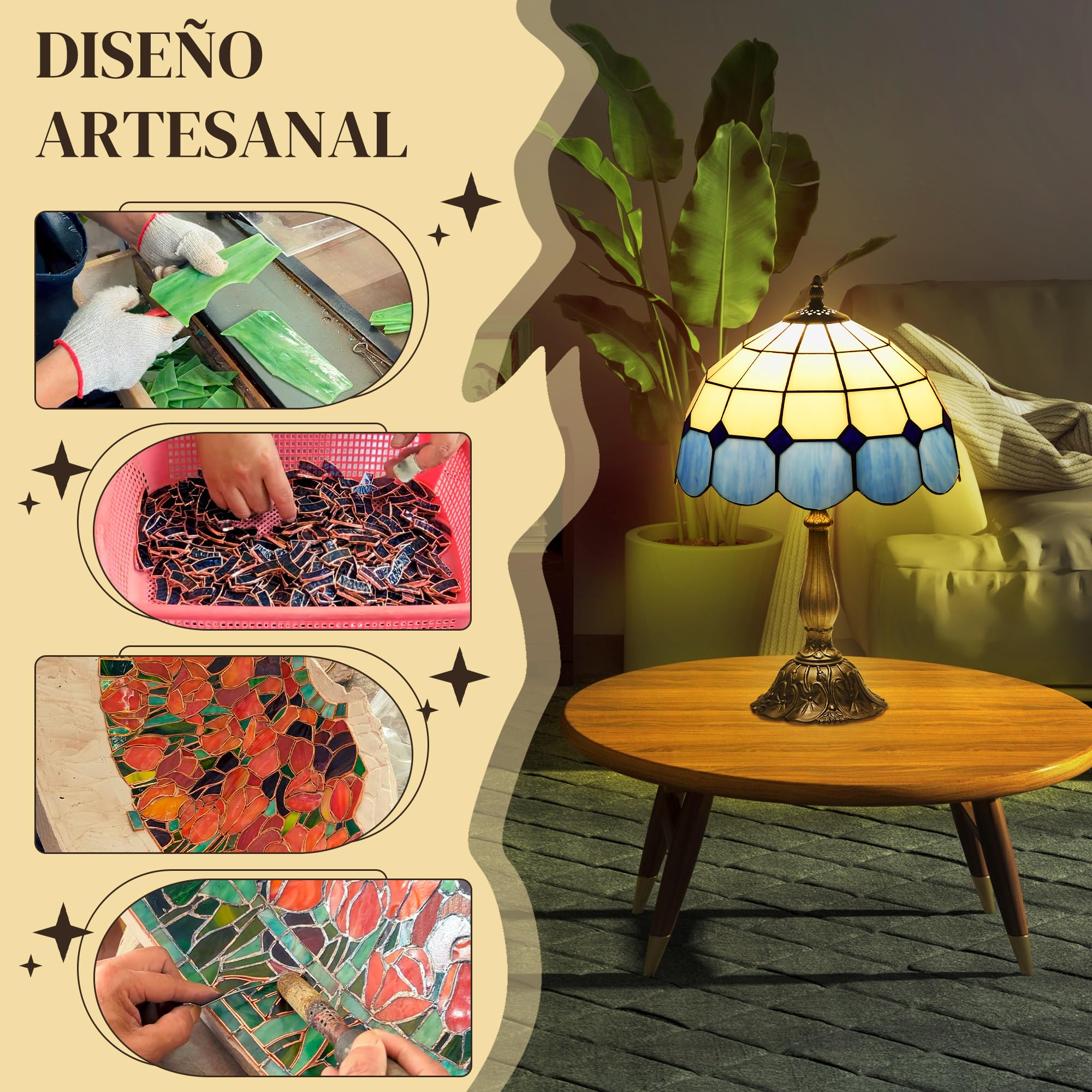 HOMCOM Lámpara de Mesita de Noche Estilo Tiffany Lámpara de Mesa Hecha a Mano Lámpara de Noche de Vidrio para Dormitorio Salón Ø31x48 cm Azul