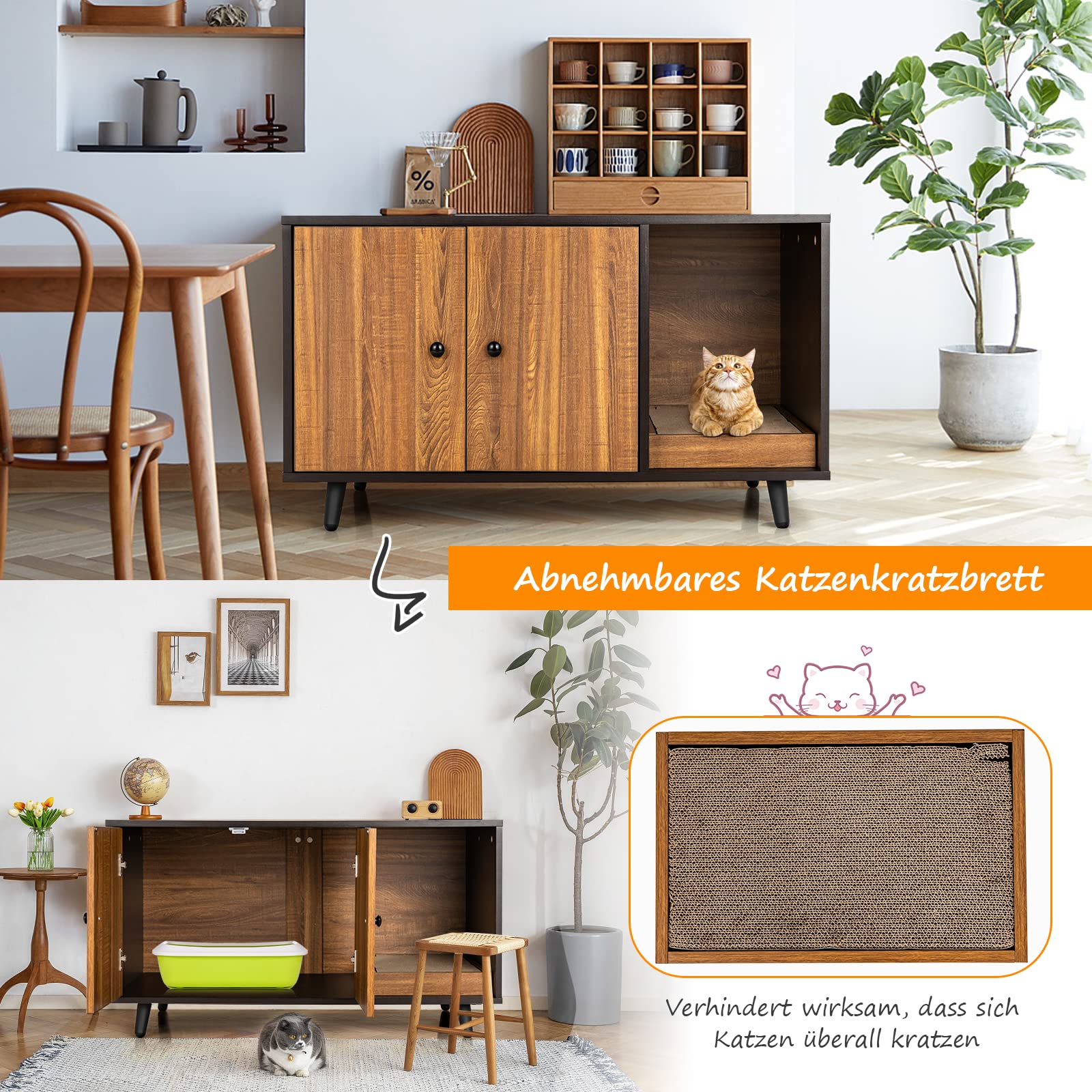 GYMAX 2 in 1 Katzenschrank für Katzentoilette, Katzenhaus mit 2 Türen & Katzenkratzbrett, Katzenklo Schrank, Beistelltisch 90 x 50 x 50 cm (Dunkelbraun)