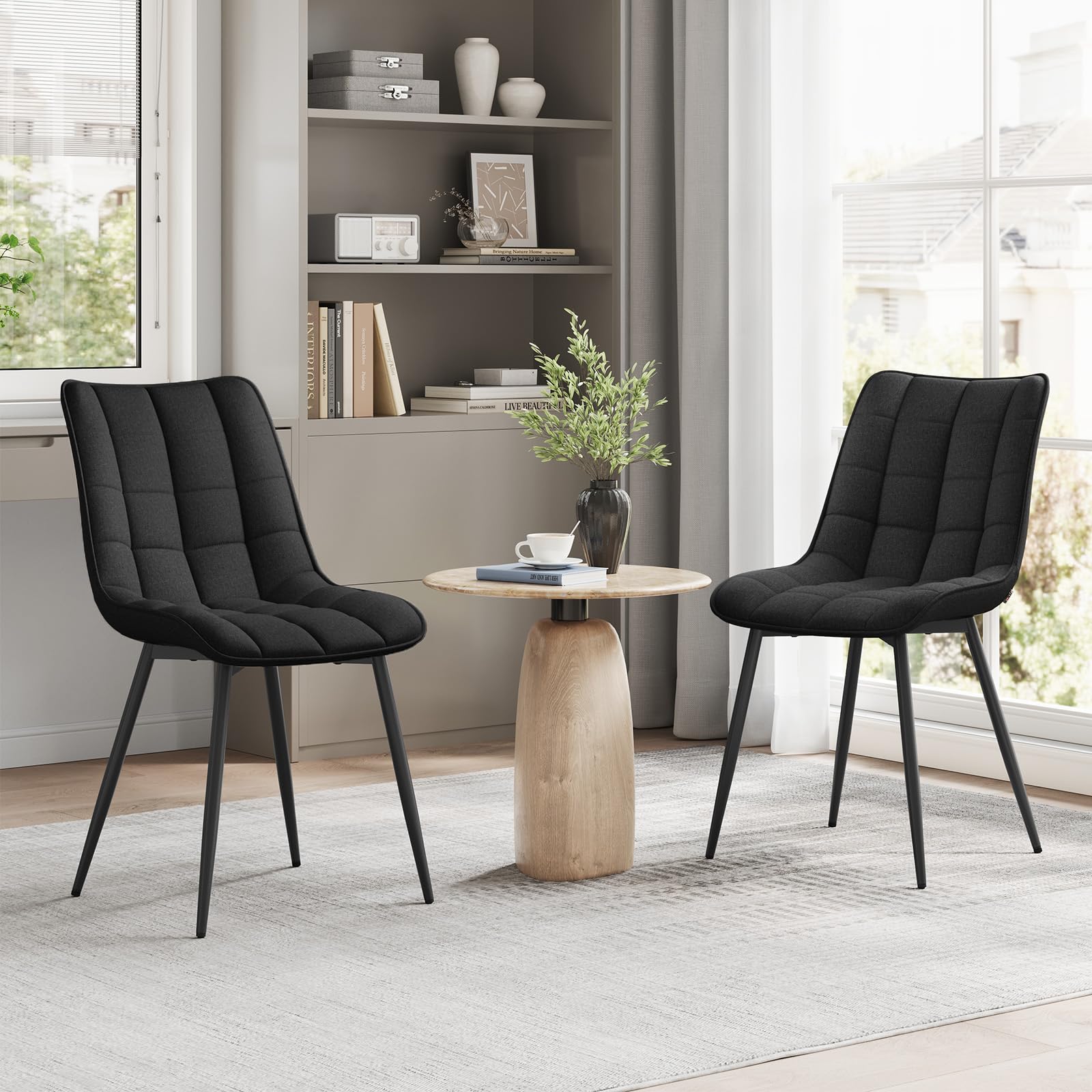 WOLTU Juego de 2 Sillas Comedor,Lino,Negro | Patas Metálicas, Carga 150kg, Asiento Antideslizante Cómodo, Uso Hogar Comedor Salón Dormitorio