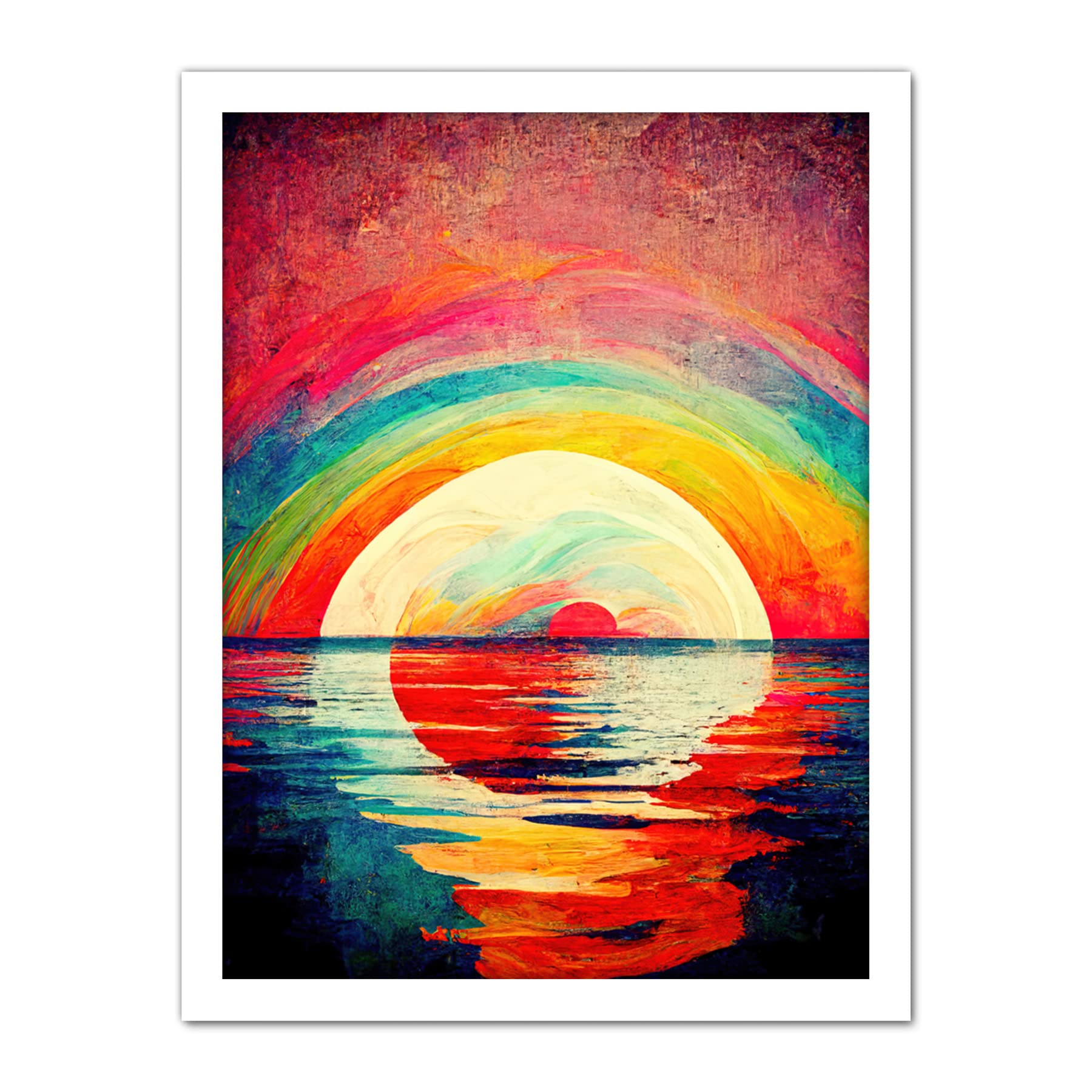 Doppelganger33 LTD Rainbow Sunset At Sea Vibrant Expressionism Artwork Framed Wall Art Print 18X24 Inch