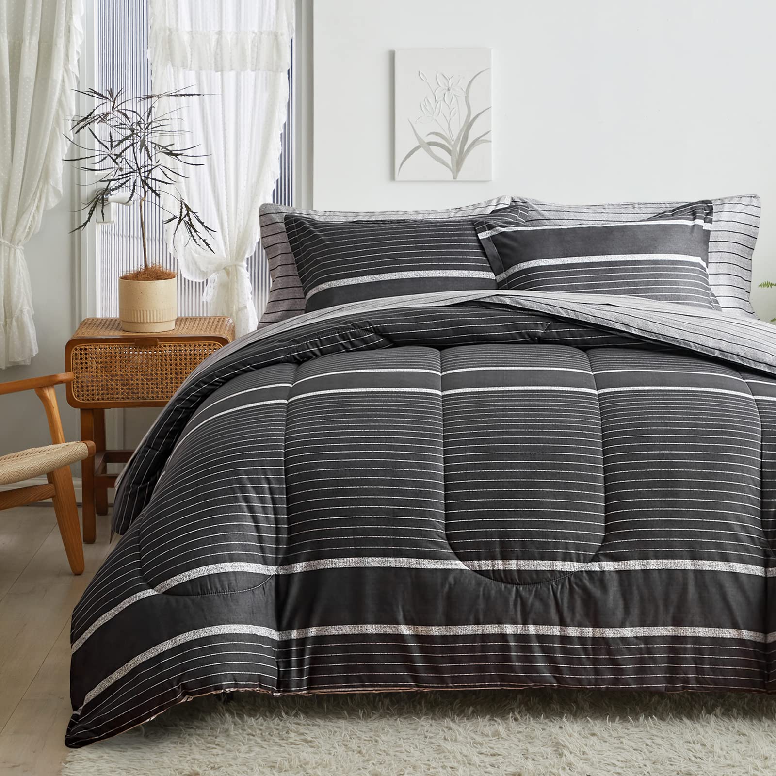 Flysheep3 Pcs Boho Striped Comforter Set King Size, White Striped on Black Dark Grey Soft Microfiber Reversible Bedding Set for All Season