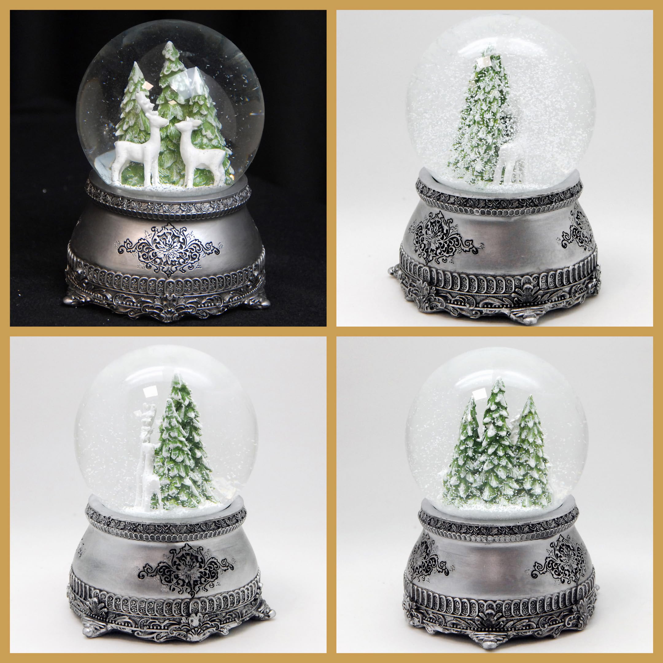 Schneekugel Hüttenzauber 2 weiße Rehe vor Tannenbaum | Sockel Zinnoptik Ornamente | mit Spieluhr | Schüttelkugel Weihnachtsdekoration | B: 10 cm H: 14 cm | 20253