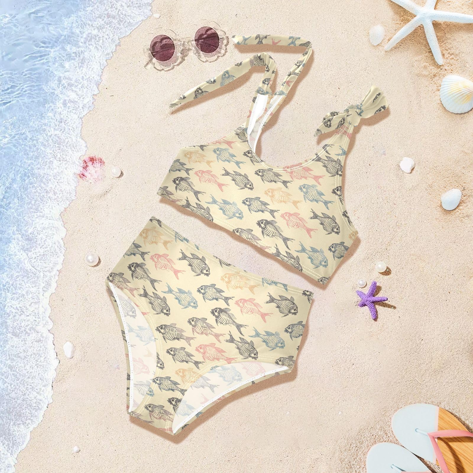 Fish Skeleton Pattern Girls Two Piece Tankini Swimsuits Summer Bathing Suit Beach Swimwear Set, 7-8T Multicoloured