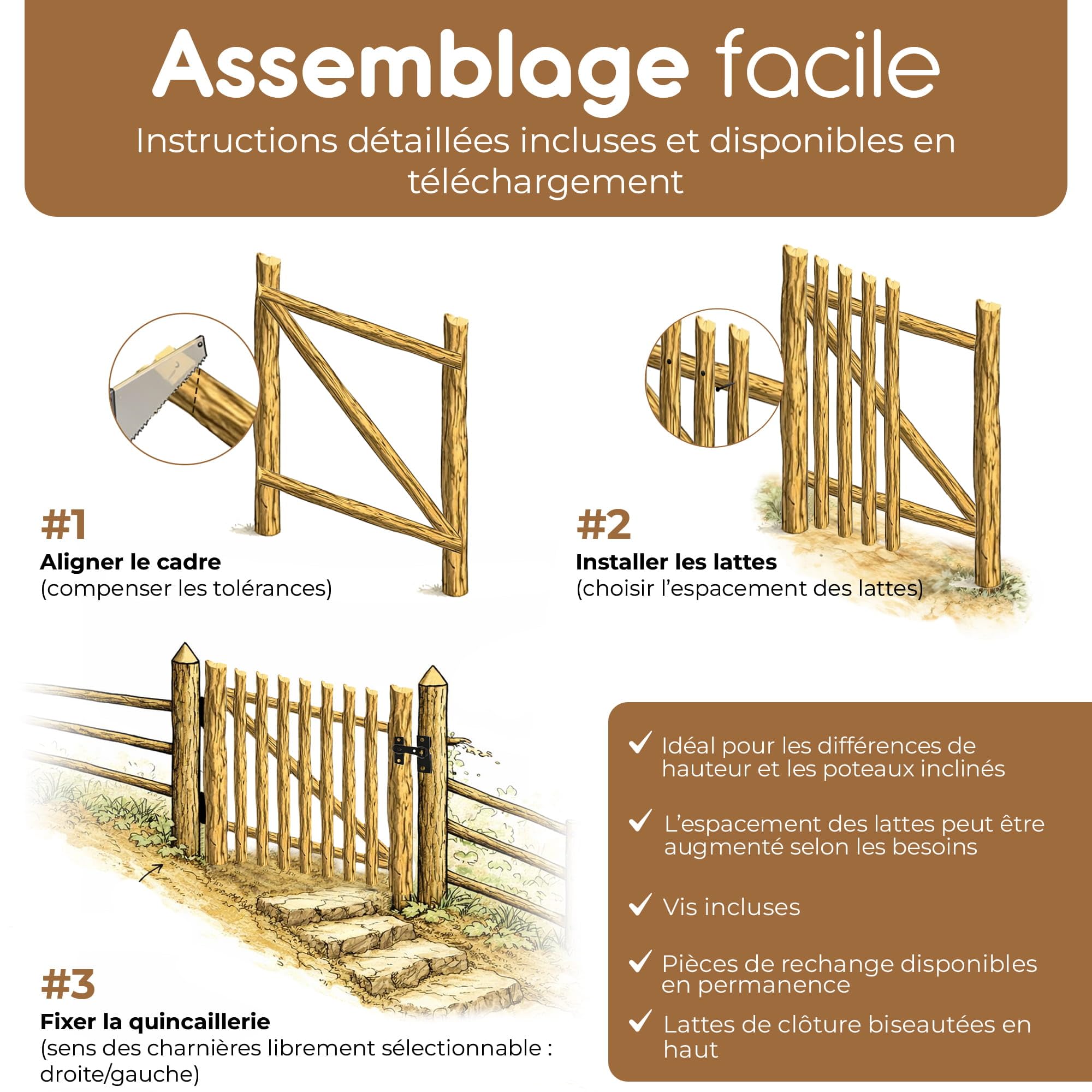 BOOGARDI Portillon de jardin en bois DIY, portail ganivelle en 168 dimensions, 1 vantail ou 2 vantaux, largeur 300 cm x hauteur 120 cm, espacement 7-9 cm