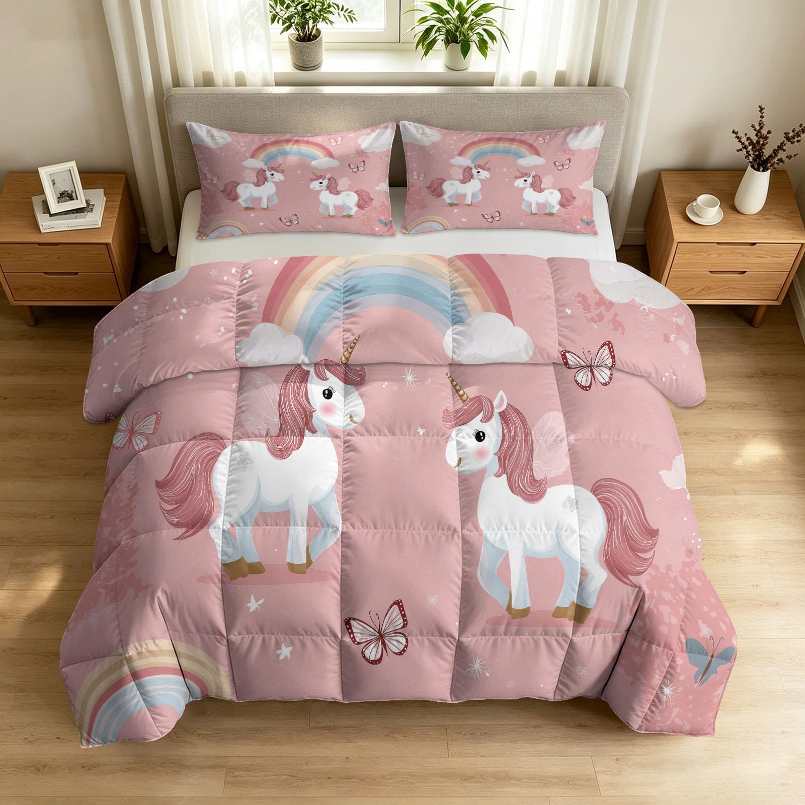 Edredón para las 4 estaciones, 155 x 220 cm, diseño de dibujos animados, unicornio, arco iris, mariposa, cálido, sin funda, hipoalergénico, lavable con 2 fundas de almohada de 80 x 80 cm