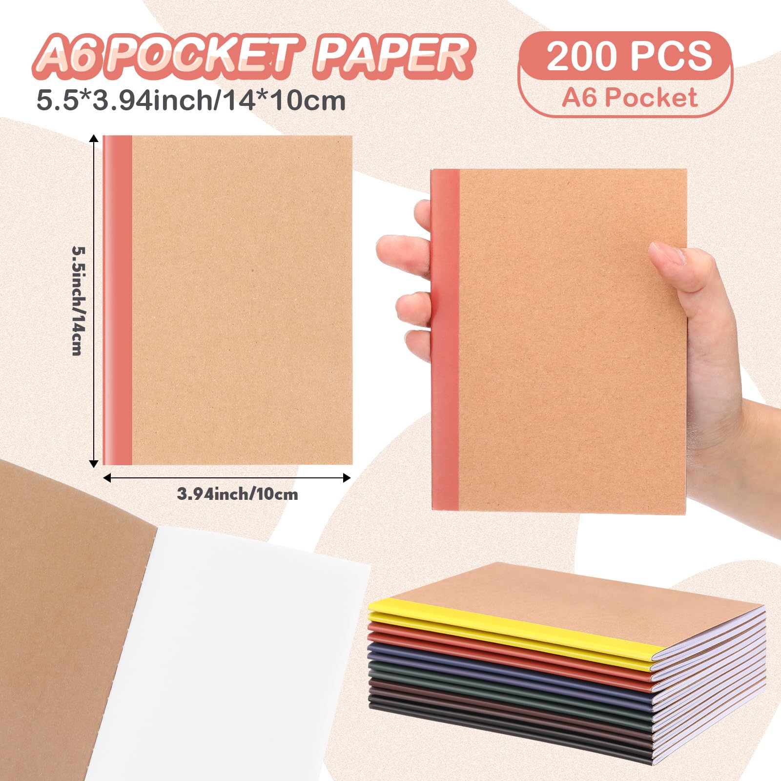 Sherr Paquete de 200 cuadernos de papel kraft A6 en blanco, sin forro, cuadernos de papel kraft a granel, cuadernos de bocetos para viajeros, suministros de oficina en casa, 4 x 5.5 pulgadas (tono