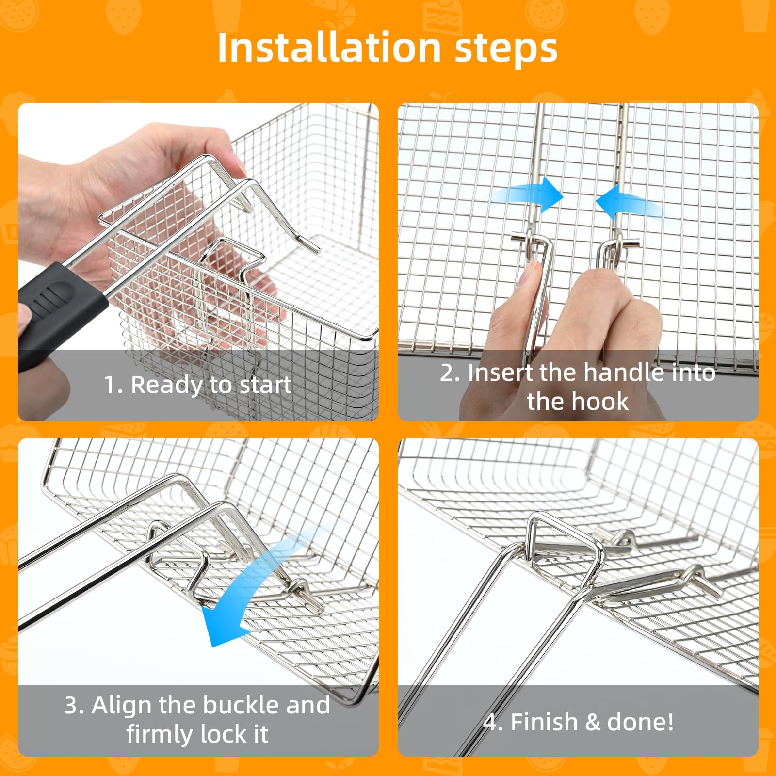 Cesta de freidora eléctrica para freír alimentos, con mango de goma, 7.2 x 8.3 x 4.3 pulgadas, construcción resistente, adecuada para freír pollo, pescado, papas fritas, (2 piezas)