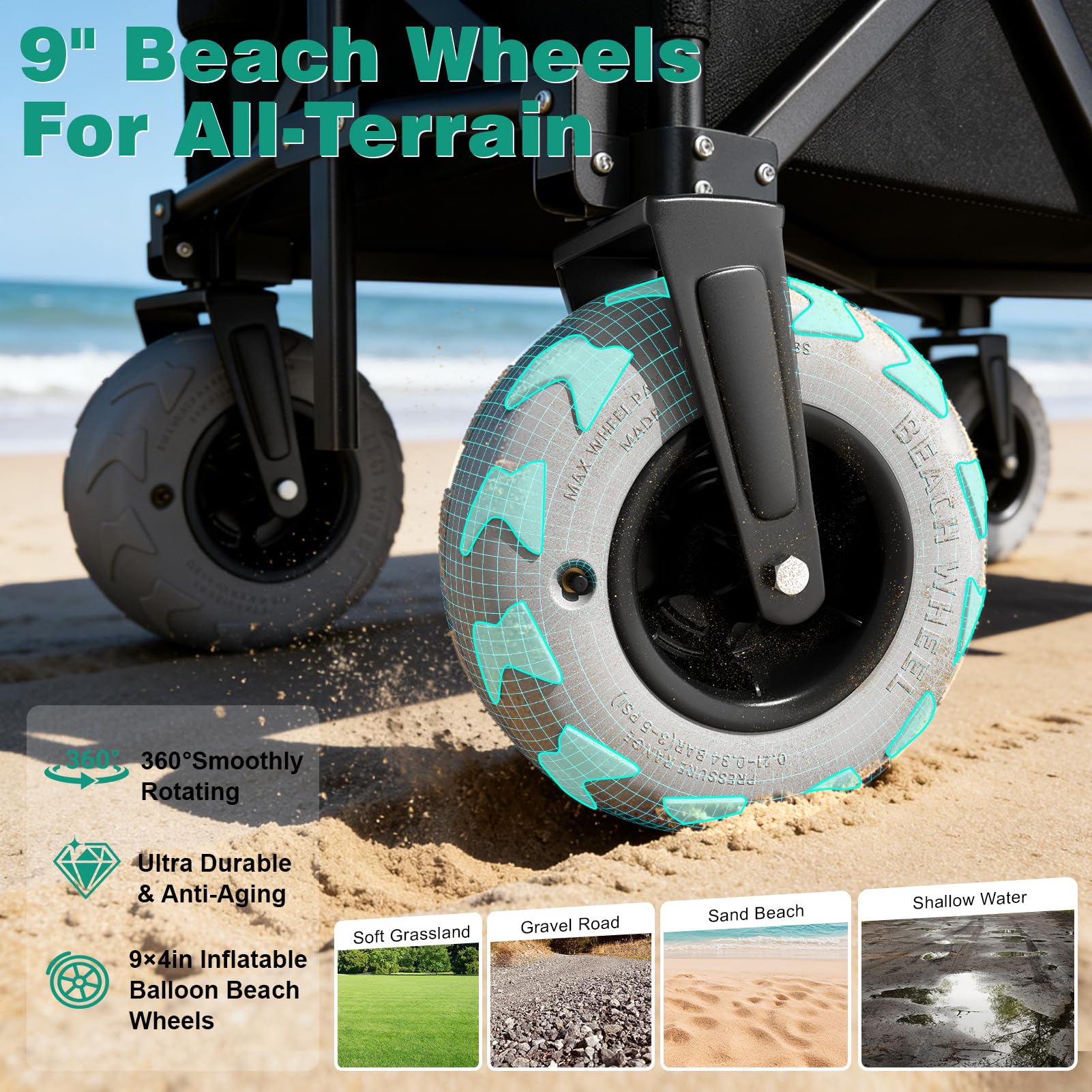 SUNNYFEEL Carro de playa resistente de 41 pulgadas de largo y 550 libras con neumáticos de globo de 9 pulgadas, carrito plegable de 200 L con bolsillo lateral y frenos para camping, deportes, jardín