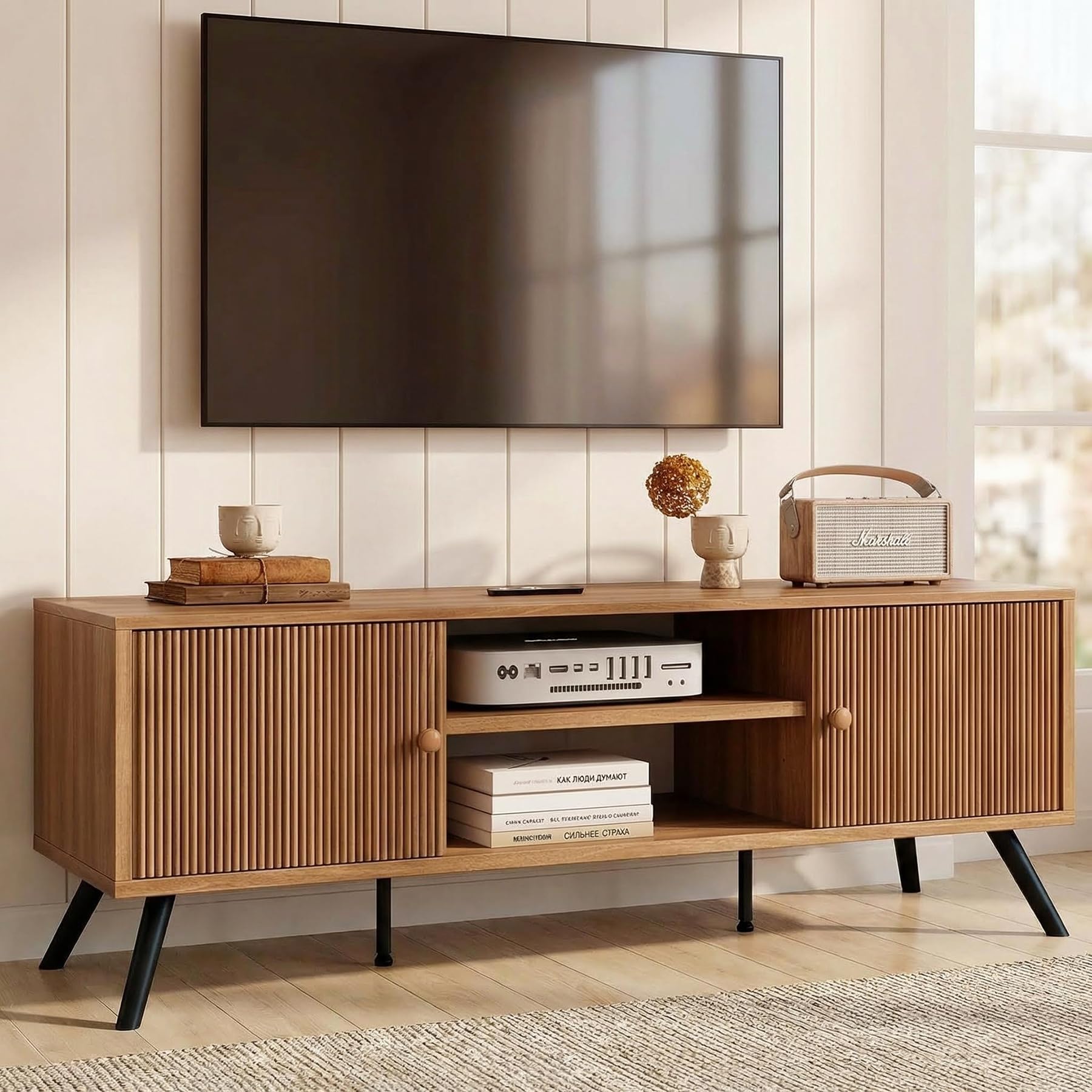 COMHOMA TV Stand for Living Room, Mid Century Modern Entertainment Center for 55/60/65 Inch TVs, Retro Brown TV Console with Fluted Door Cabinets and