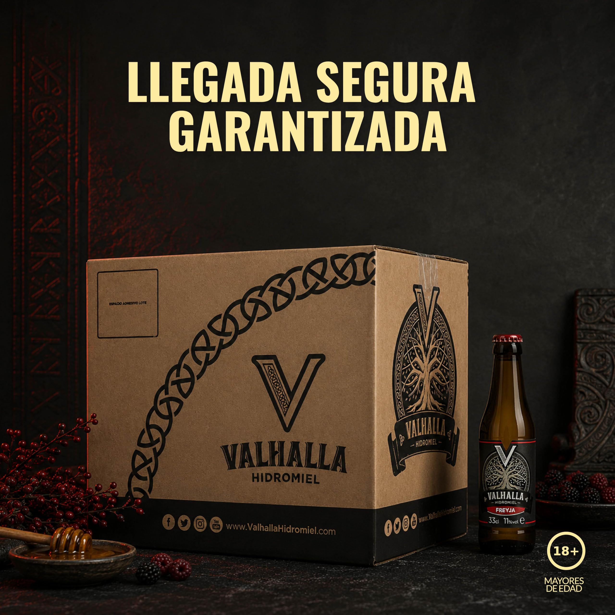 Valhalla Hidromiel Freyja | Cerveza Artesanal Estilo Metheglin Semi Dulce | Bebida Natural con Frutos Rojos del Bosque y Miel | Caja 12 Botellines 33cl | Sin Gluten ni Sulfitos | 11% Grados Alcohol)