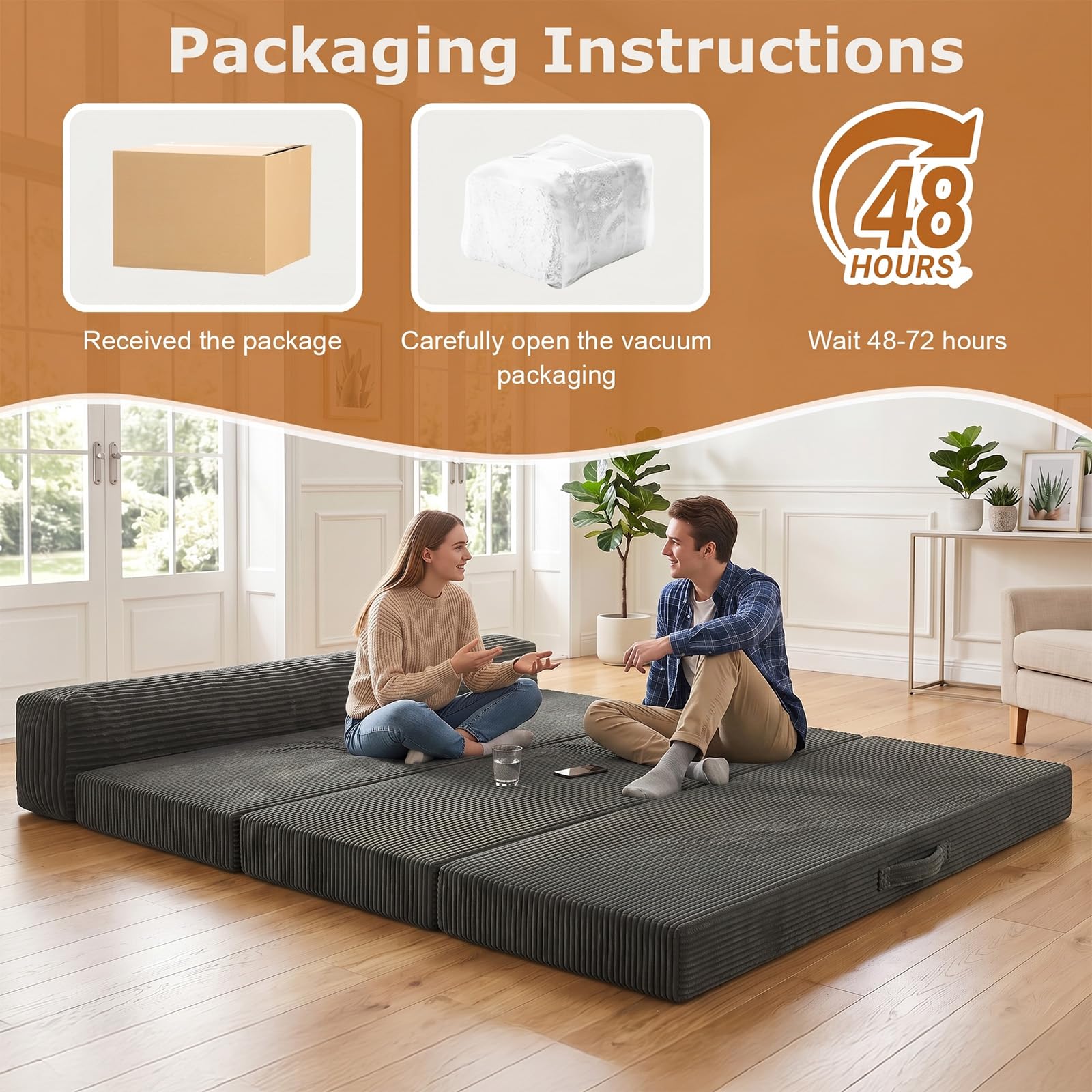 JUIKURY 6 Inch Tri-Fold Memory Foam Mattress Queen Size, 5 in 1 Convertible Sofa Bed, Foldable Floor Futon Sleeper Couch with Washable Cover & High-Density Foam, Portable Guest Bed for Living Room