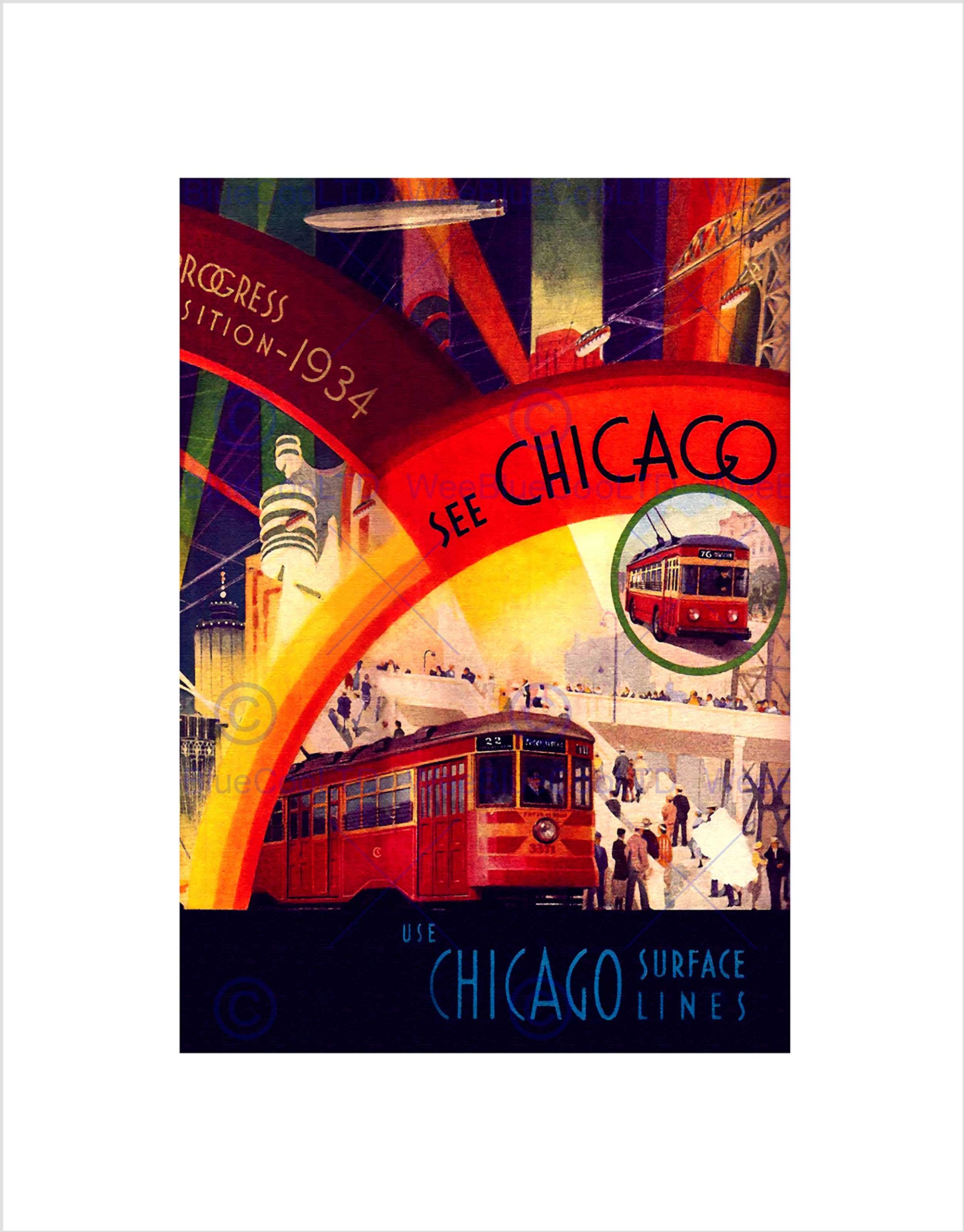 Wee Blue Coo TRAVEL EXHIBITION 1934 CHICAGO WORLD FAIR TRAM AIRSHIP FRAMED ART PRINT B12X6399
