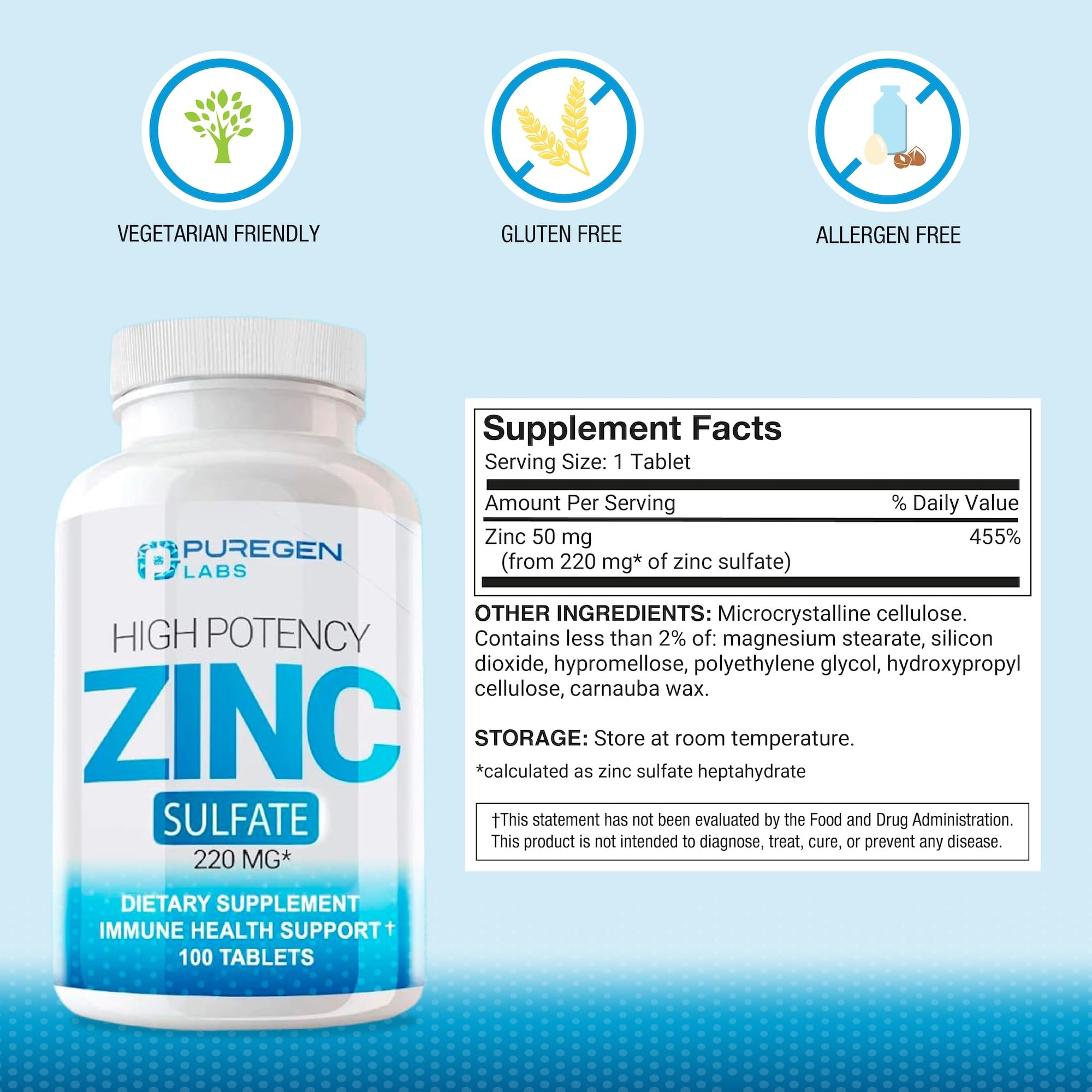 Puregen Labs Zinc 220mg High Potency Supplement - Zinc Sulfate, 100 Tablets — Amazon image 2