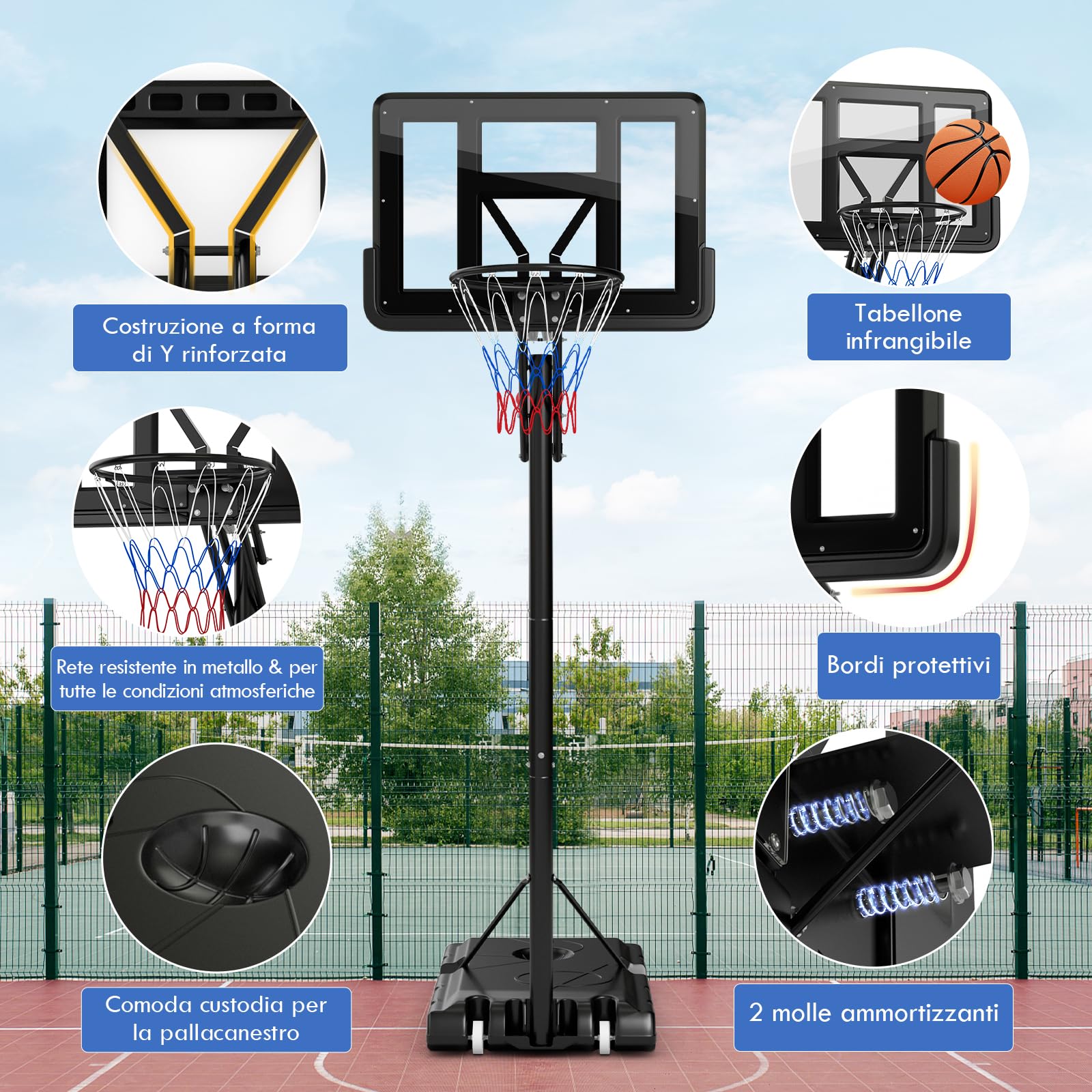 GYMAX Canestro da Basket Portatile, Canestro Basket Regolabile in Altezza 143-305 cm con Tabellone in PET, Cerchio in Metallo Solido da 48 cm e 2 Ruote, per Adulti, Adolescenti