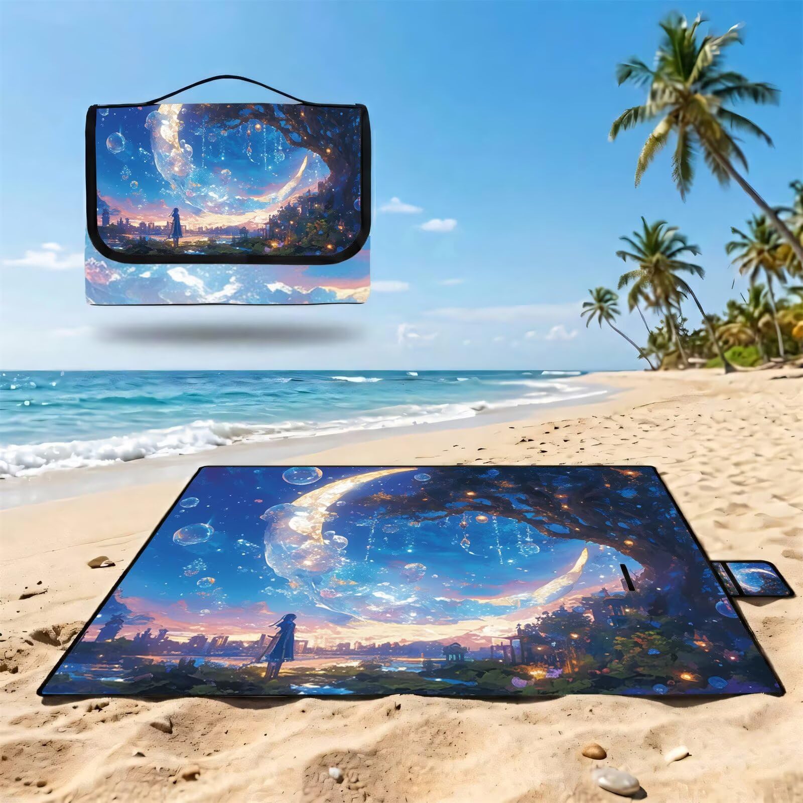 Coperta de Picnic Grande 200x200 cm,L'albero della vita Manta Picnic Impermeable Anti-Sabbia Manta de Playa Pieghevole,Outdoor Picnic Blanket per Spiaggia,Camping,Giardino,Trekking - la luna (2) FZ-31