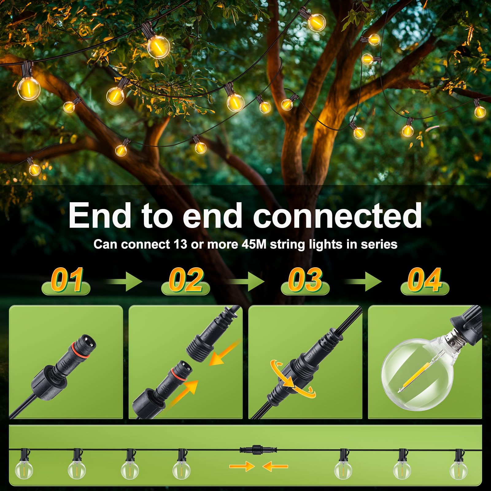 JEKEMORYE Catena Luci da Esterno Giardino G40 150Ft 45M LED Lampadine Filo IP44 Lucine da Luce Luminosa Fila Catene Gazebo Lampade per Terrazzo