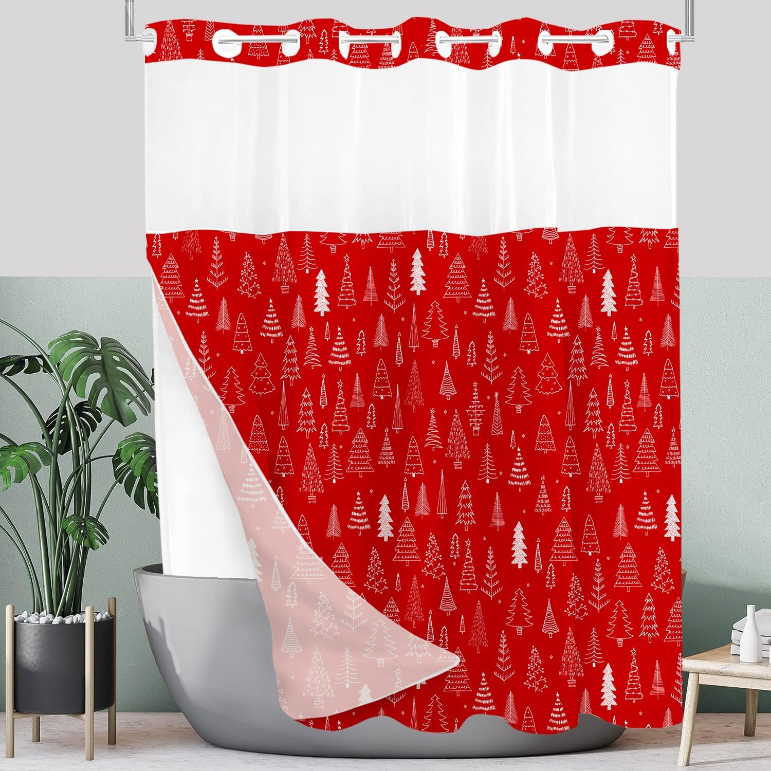 Christmas No Hook Shower Curtain with Snap in Liner, Red