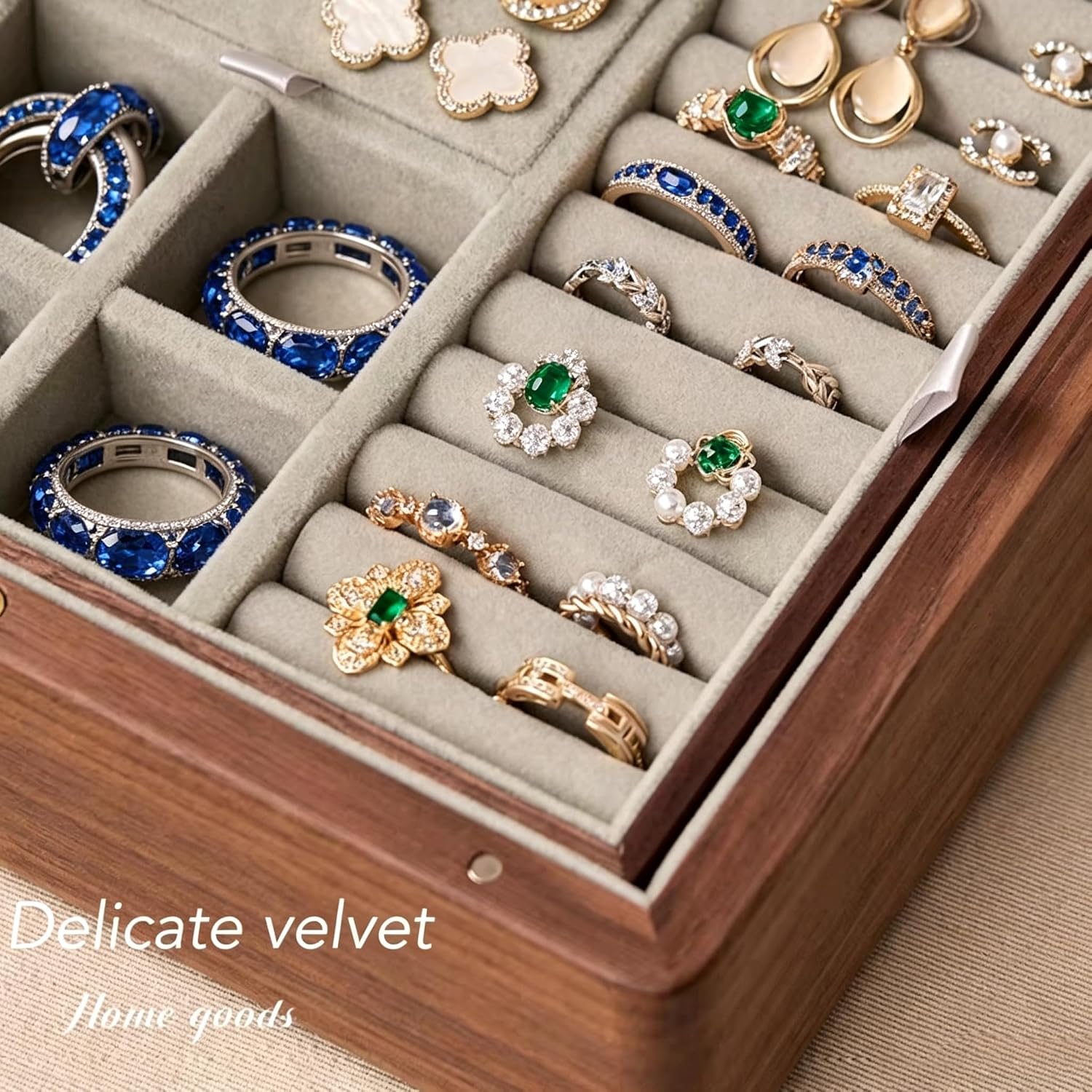 Bescott 2 Layer Solid Black Walnut Wooden Jewelry Box with Lock and Key for Women Wood Vintage Organizer for Men Earrings Rings Necklaces Bracelet Watch Storage image 4