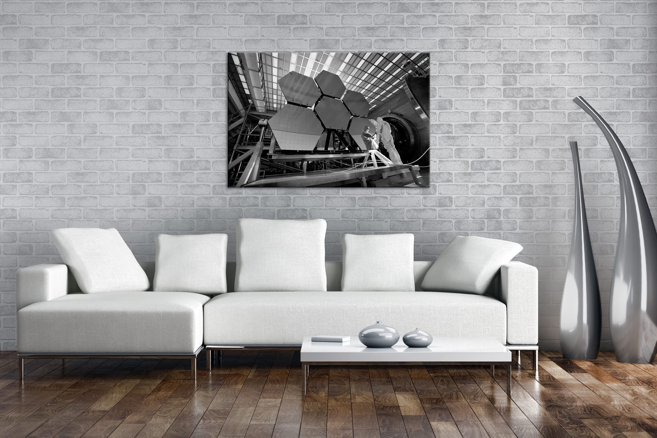 Specchio telescopico gigante, formato 120 x 80, effetto: bianco e nero come stampa su tela, motivo già incorniciato su telaio in vero legno, stampa digitale di alta qualità, nessun poster o poster