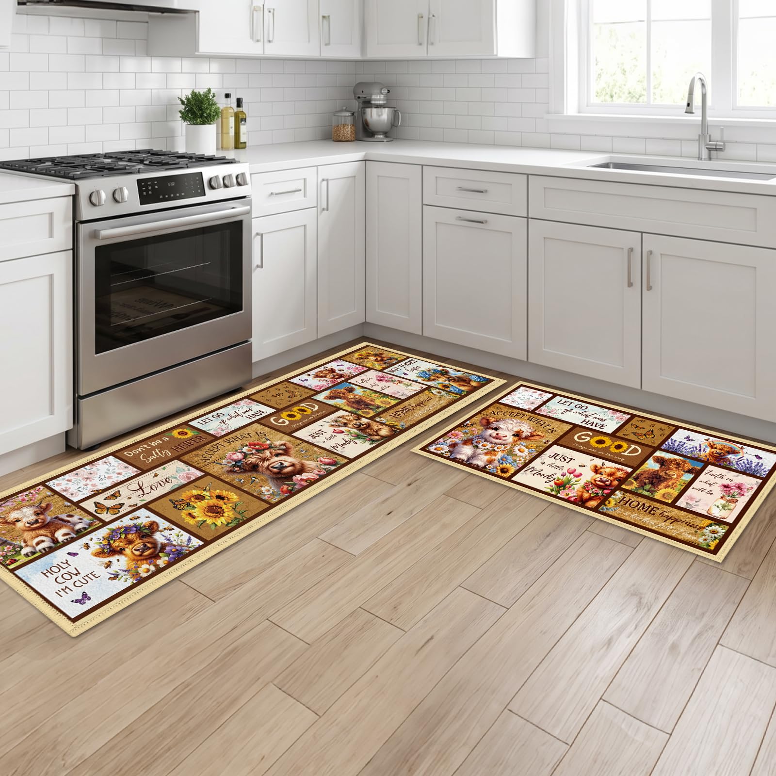 Luvart Kitchen Mats and Rugs Washable, Highland Cow Kitchen Runners Non Slip Set of 2, Washable Rug Carpets for Home Standing Decoration(43x75 cm+43x150 cm)