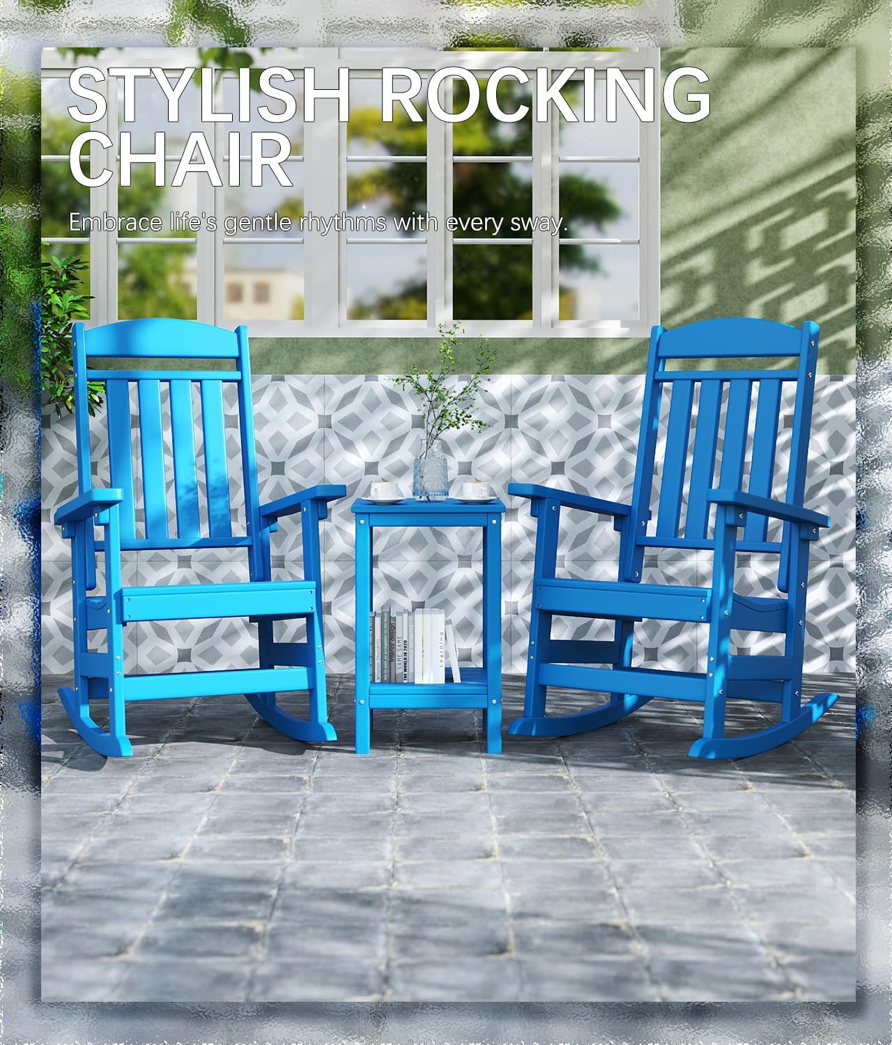 FOOWIN Outdoor Rocking Chair Set of 2, High Back Patio Rocking Chair, HDPE All Weather Resistant Porch Rocker for Adult, Oversized Rocking Chairs for Garden, Lawn, Indoor & Outdoor Use, Pacific Blue