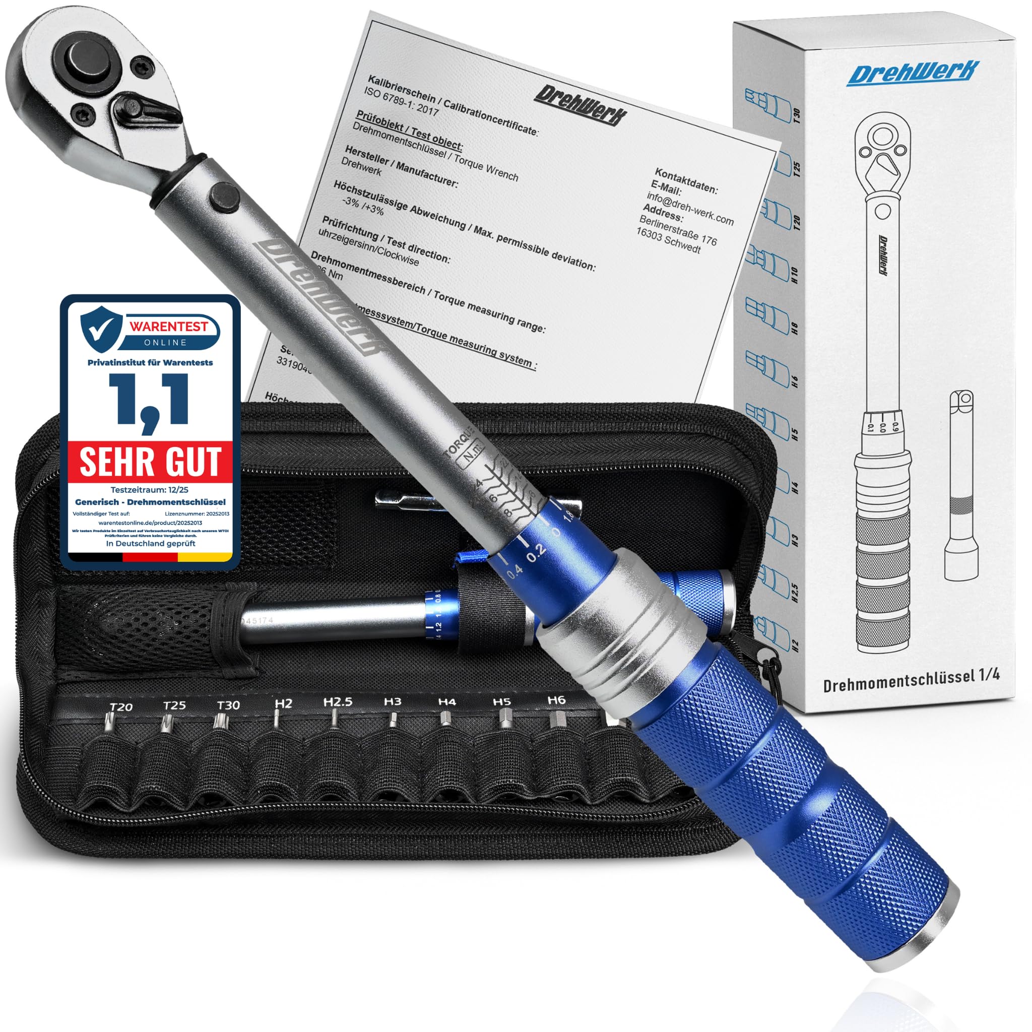Drehwerk Llave dinamométrica para bicicleta 1/4 2-26 Nm – Llave dinamométrica pequeña para bicicleta y moto, incluye 11 puntas y caja textil