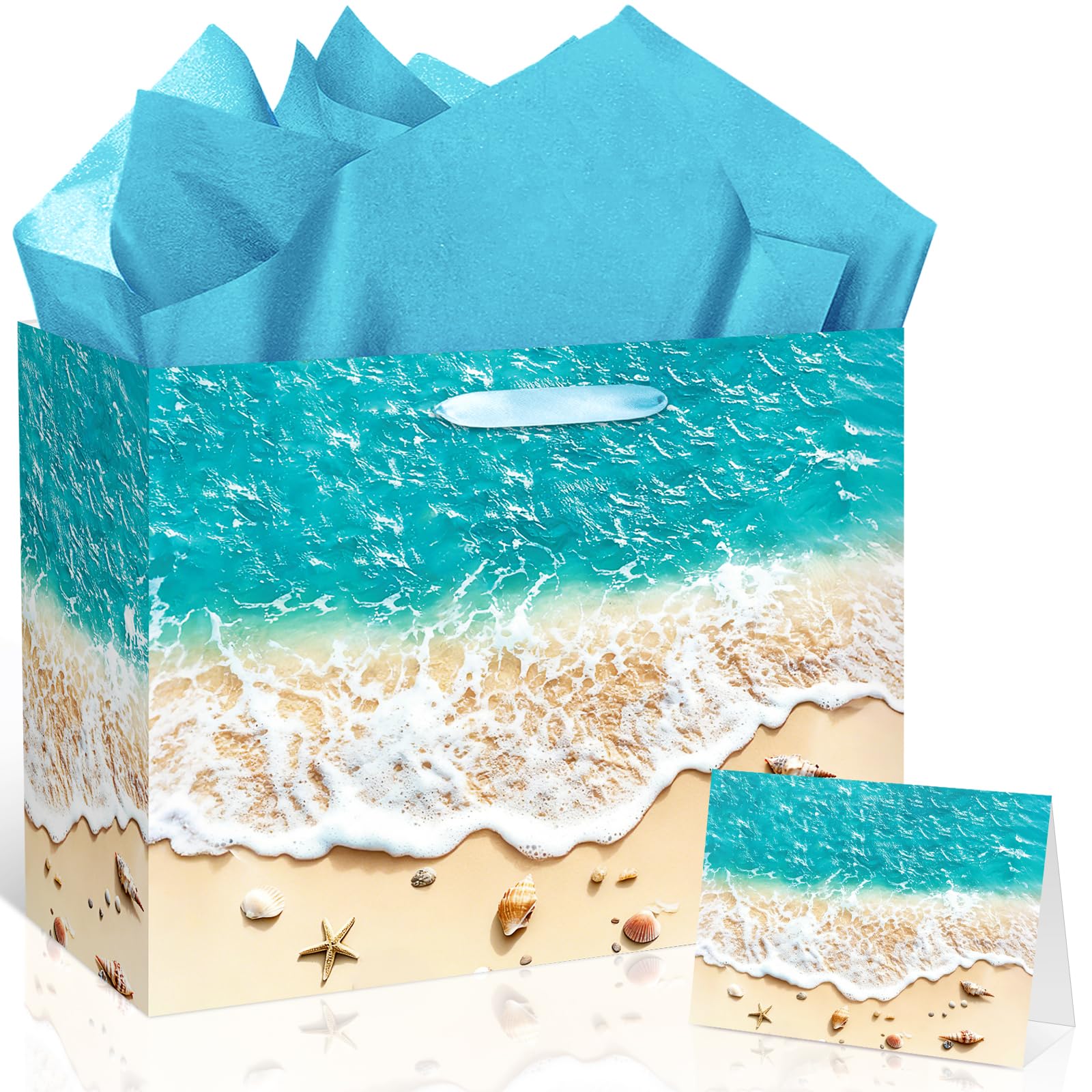 TagreSpike Beach Gift Bag with Tissue Paper and Card Summer Beach Goodie Candy Bags Seashell Blue Ocean Wave Summer Pool Party Favors Supplies for Holiday Birthday Wedding Luau Tropical Party