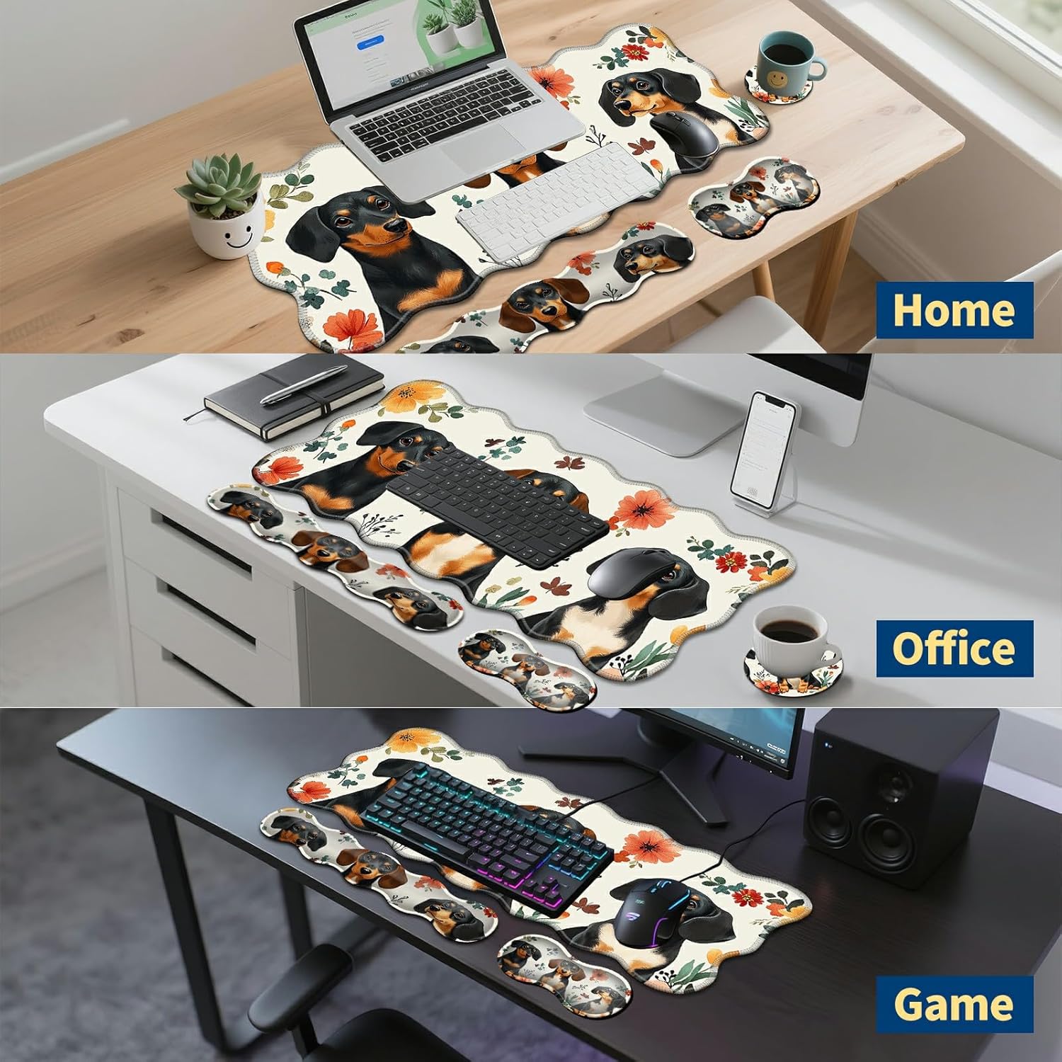 4-in-1 XXL Gaming Mouse Pad Set (31.5"x11.8") with Keyboard Wrist Rest,Mouse Wrist Support & Coaster,Non-Slip Desk Mat for Office、Home、Gaming,Dogs and Flowers