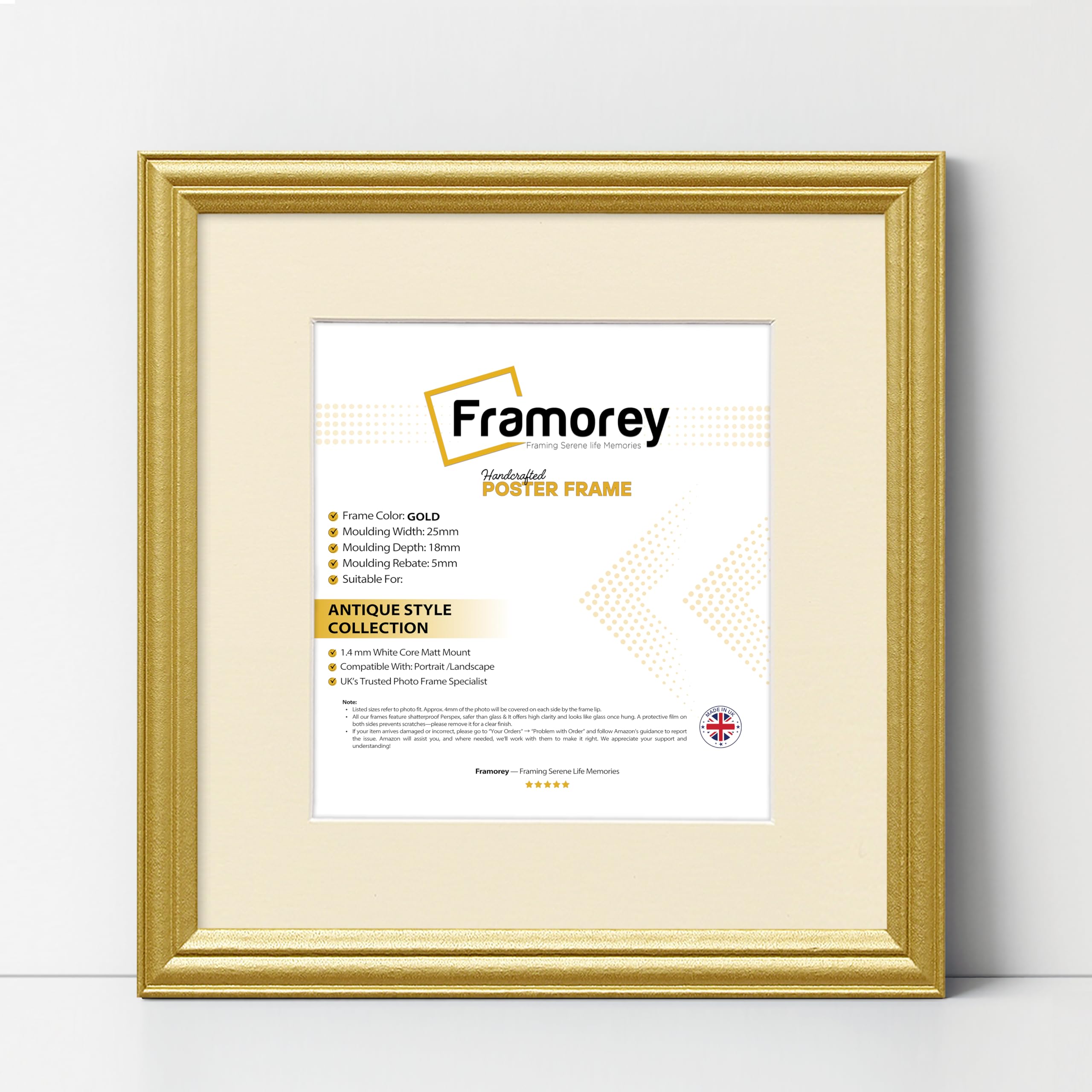 FRAMOREY Square Photo Frame, 45x45CM Gold With 35x35CM Ivory Mount, Antique Style Wall Hanging Art Poster Frame, MDF Wood, LW Home Wall Decor