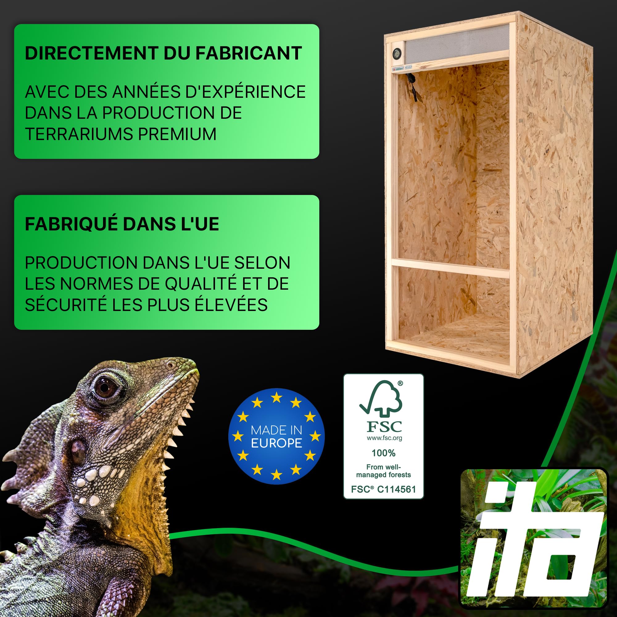 ITA Terrarium Haut 60x120x60 cm avec Ventilation Frontale & hygromètre intégré - Terrarium en Bois OSB-3 - pour Reptiles, Serpents, Amphibiens - Produit UE, certifié FSC