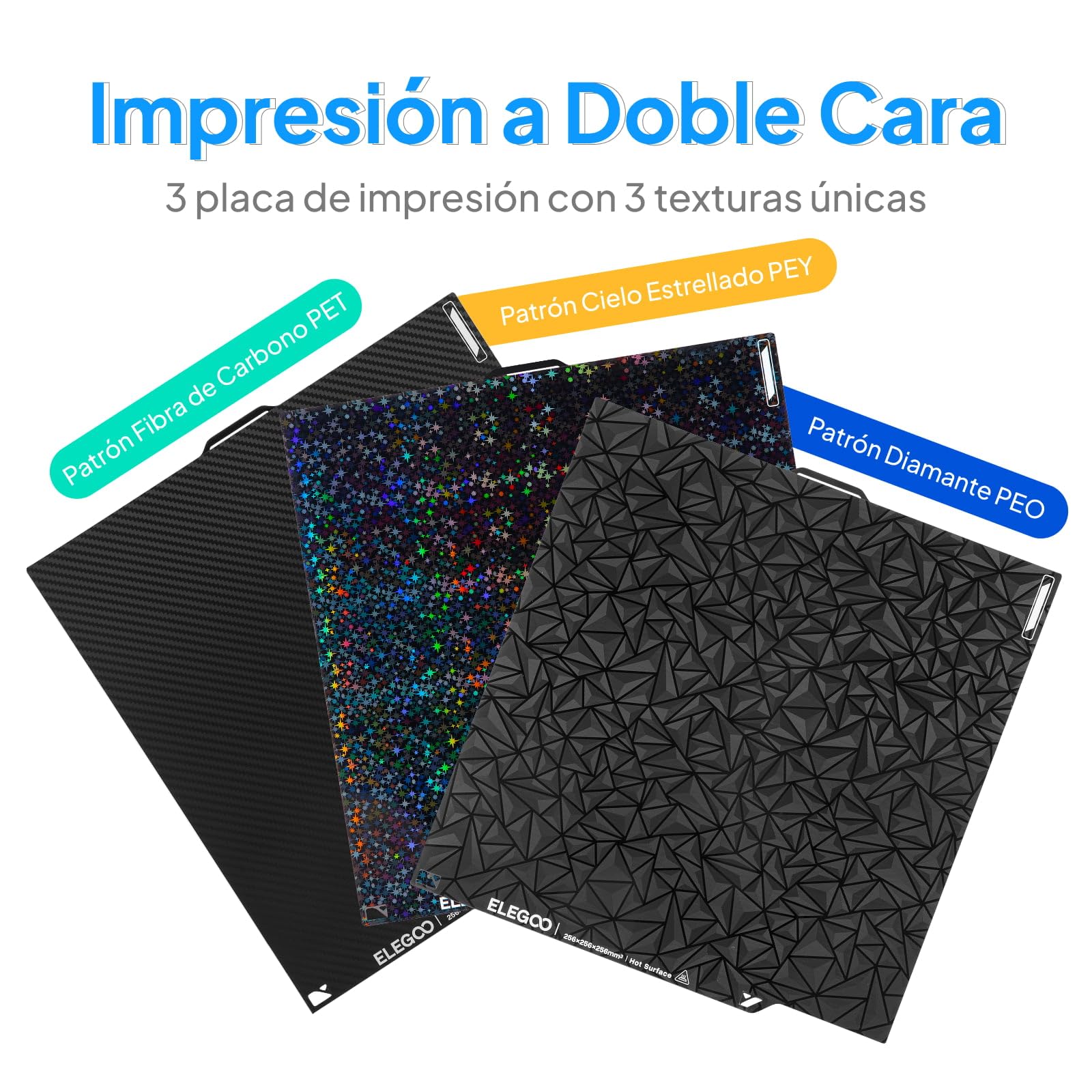 ELEGOO Placa de Construcción PEI para Impresora 3D 256 x 256 mm, 3 Láminas Flexibles de Acero Magnético con Texturas Diferentes, Cama de Impresión de Acero Elástico para la Serie Centauri