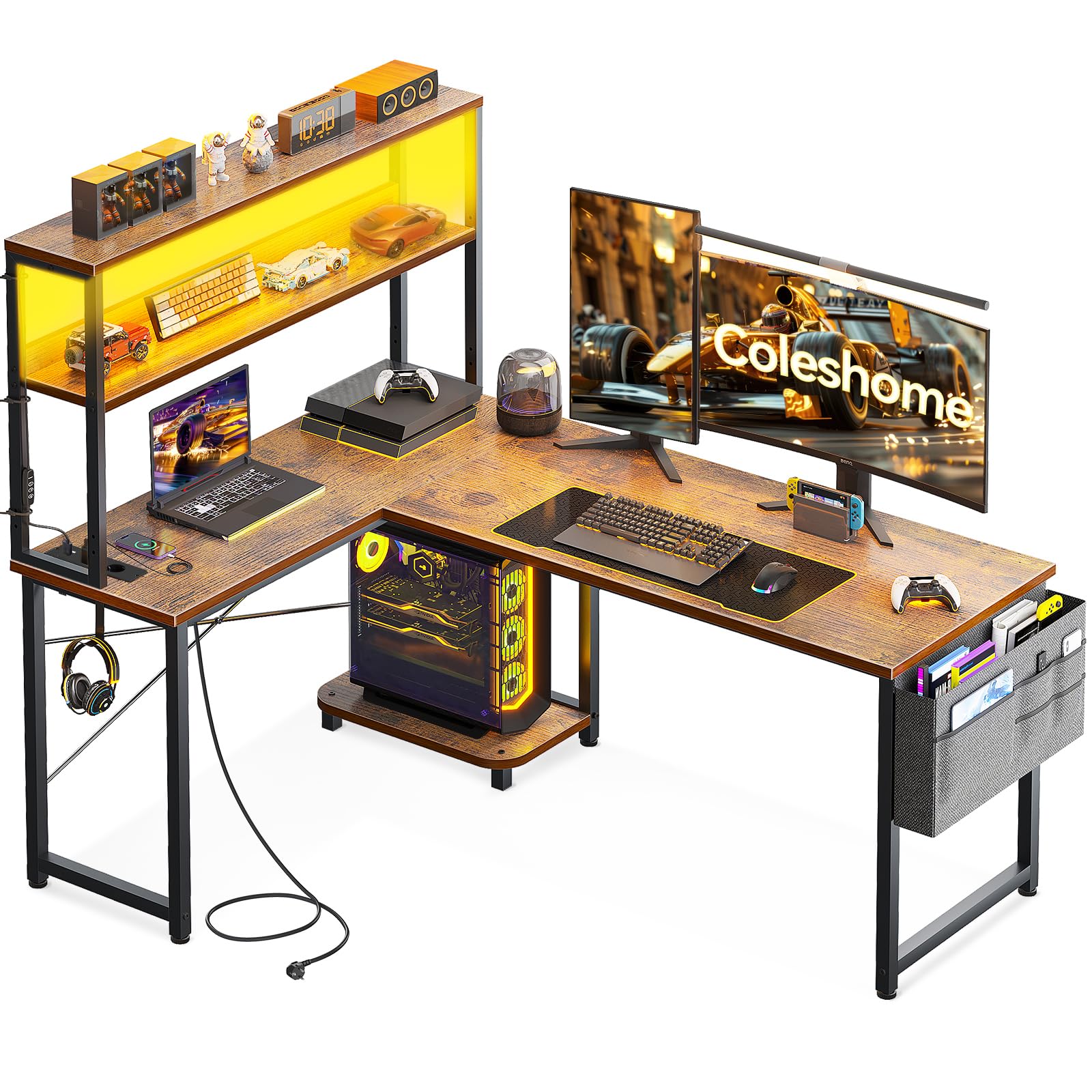 Coleshome Scrivania Gaming con LED e Prese, 135 × 100 cm Scrivania Gaming Angolare Reversibile con Scaffali Portaoggetti, Tavolo Angolare con Borsa Portaoggetti per Giocatori, Marrone Vintage