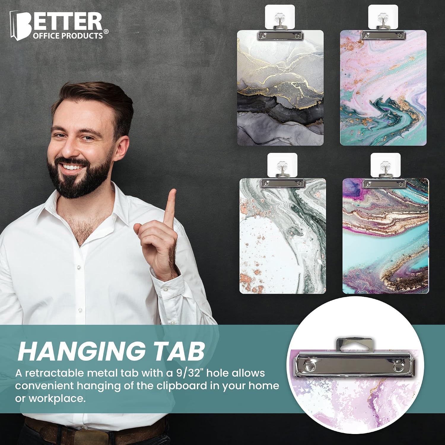 Better Office Products Fashion Clipboard (4 Pack), Standard A4 Letter Size, 12.5" x 9", Wooden, Decorative with Low Profile Clip and Retractable Hanging Tab (Marble Designs)