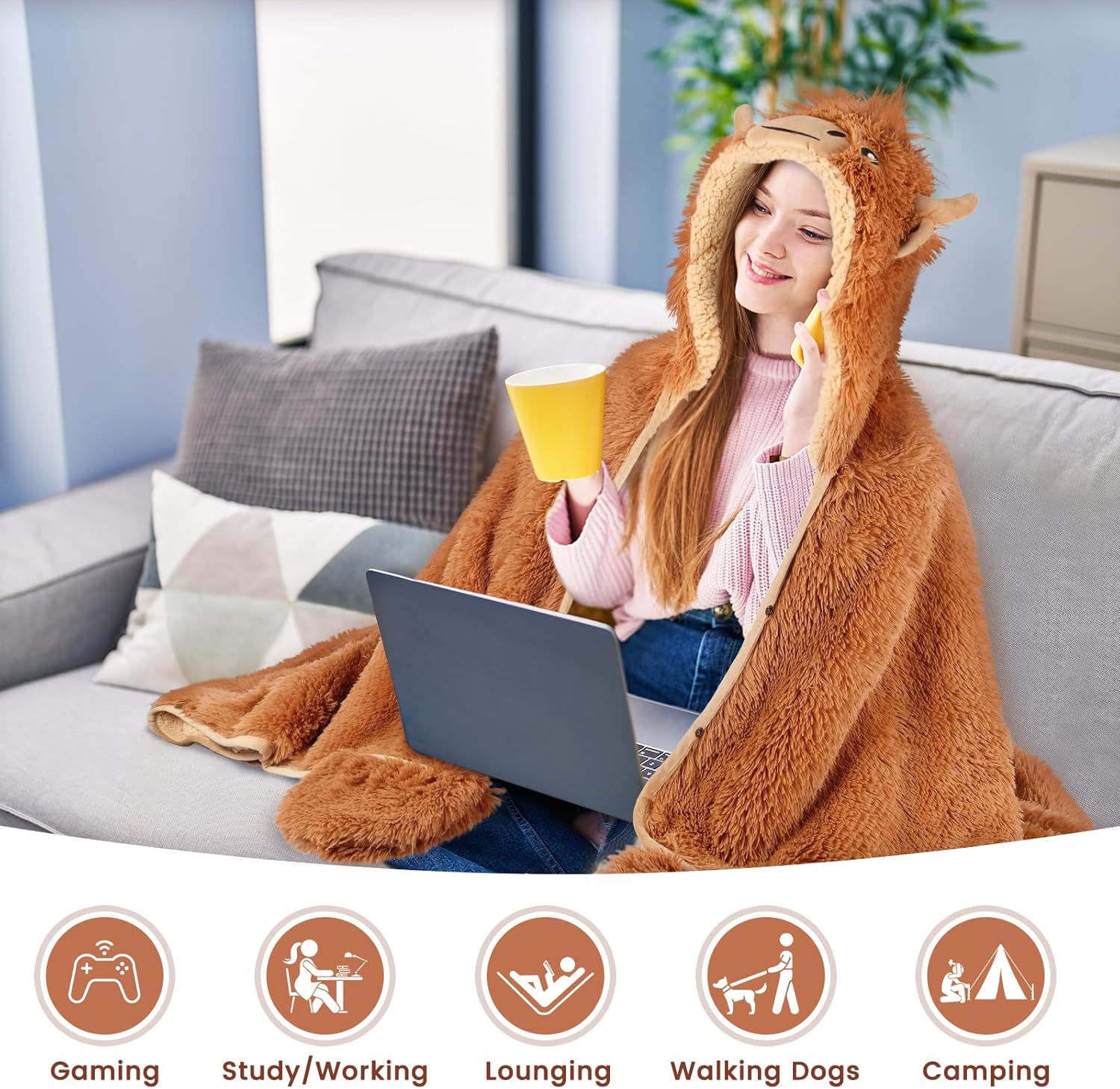 Highland Cow Wearable Blanket Hoodie for Women & Kids, Premium Soft Thick Plush & Faux Fur for Ultra Warmth, Cozy Throw Wrap With Giant Hood, Easy Movement, Highland Cow Gifts for Adults, Oversized - Image 3