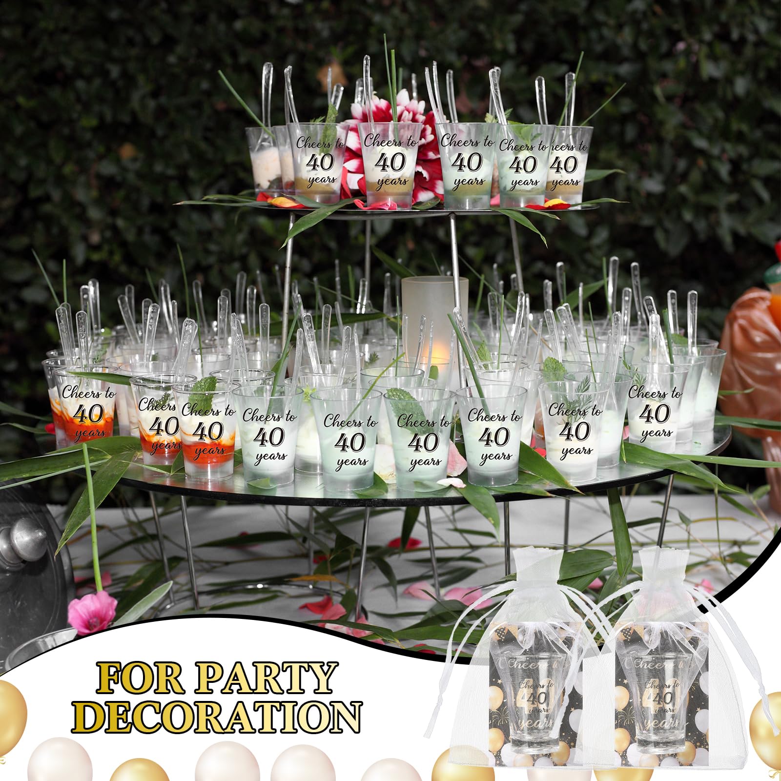 Juego de 50 vasos de chupito acrílicos reutilizables para regalos de fiesta de cumpleaños, vasos de chupito transparentes de 1 onza con tarjetas de regalo y bolsas de organza para