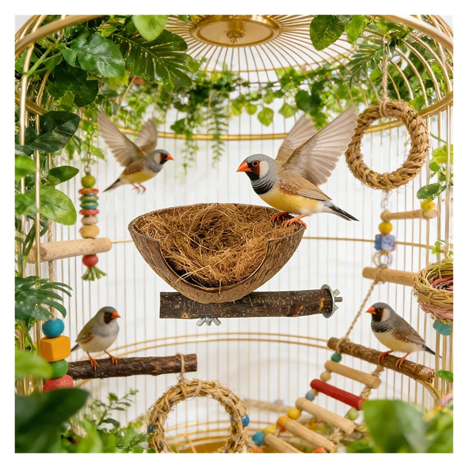 Kokosnussschale-Vogelnest for Käfigfaser mit warmem Pad-Versteck-Schaukelspielzeug for Sittich-Kanarien-Hamster(Color 2)