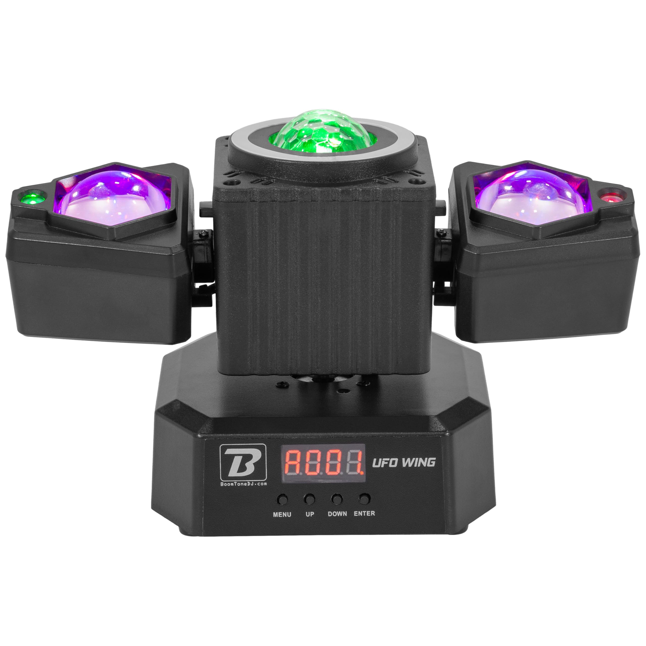 BoomToneDJ UFO Wing Jeu de Lumière LED 4-en-1 : Multifaisceaux, Stroboscope, Laser Rouge/Vert, Beam, Télécommande IR, DMX 19 canaux, Idéal DJ, Soirées, Événements